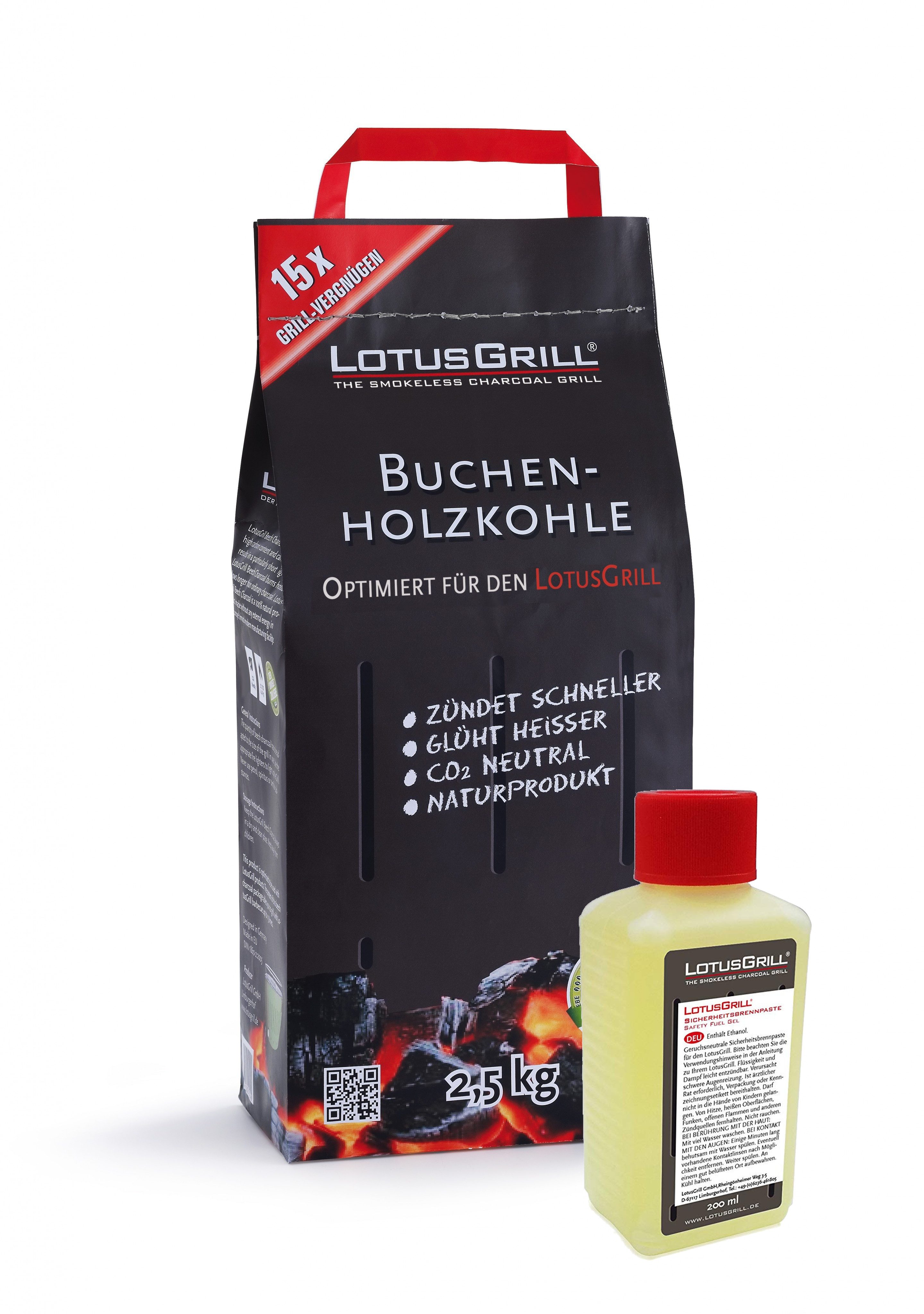 LotusGrill Holzkohlegrill Anzündset Nr.1 - 1x Buchenholzkohle 2,5kg UND 1x Brennpaste 200ml