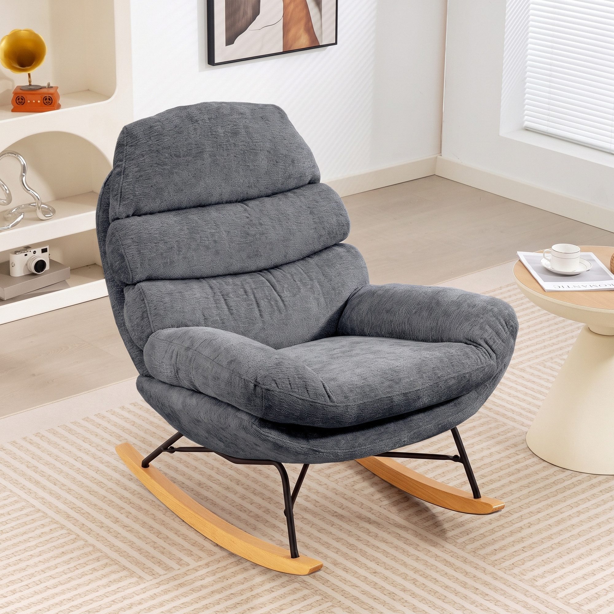 HOMCOM Schaukelstuhl Schaukelsessel mit Rückenlehne, Gepolstert Relaxsessel Lesesessel (Set, 1 St), Schneidersitz-Design, 105° Schaukelbewegung