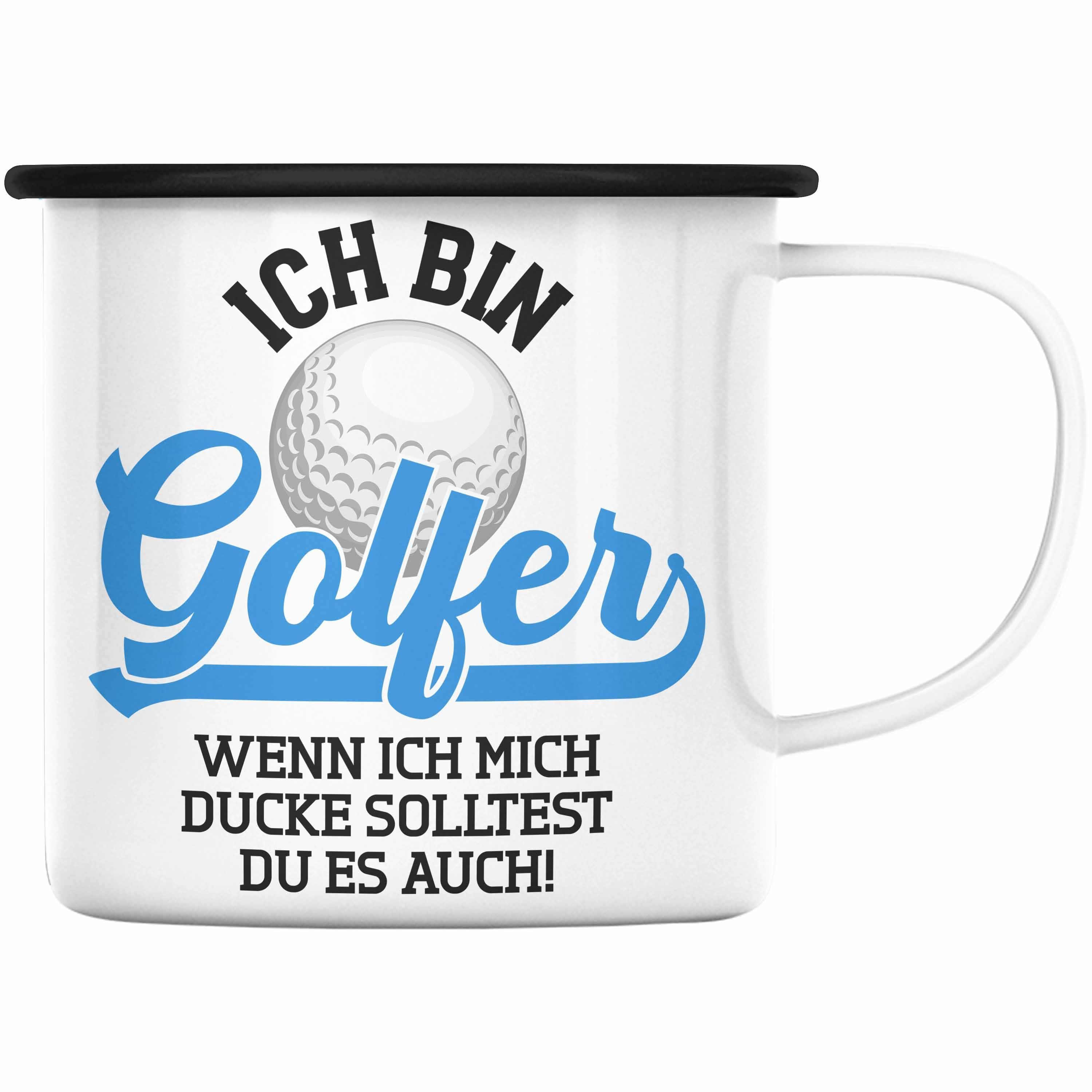 Trendation Thermotasse Trendation - Golf Geschenke Für Männer Frauen Kinder Lustig Emaille Tasse mit Spruch Golfspieler Emaille Tassen Damen Witzig Schwarz