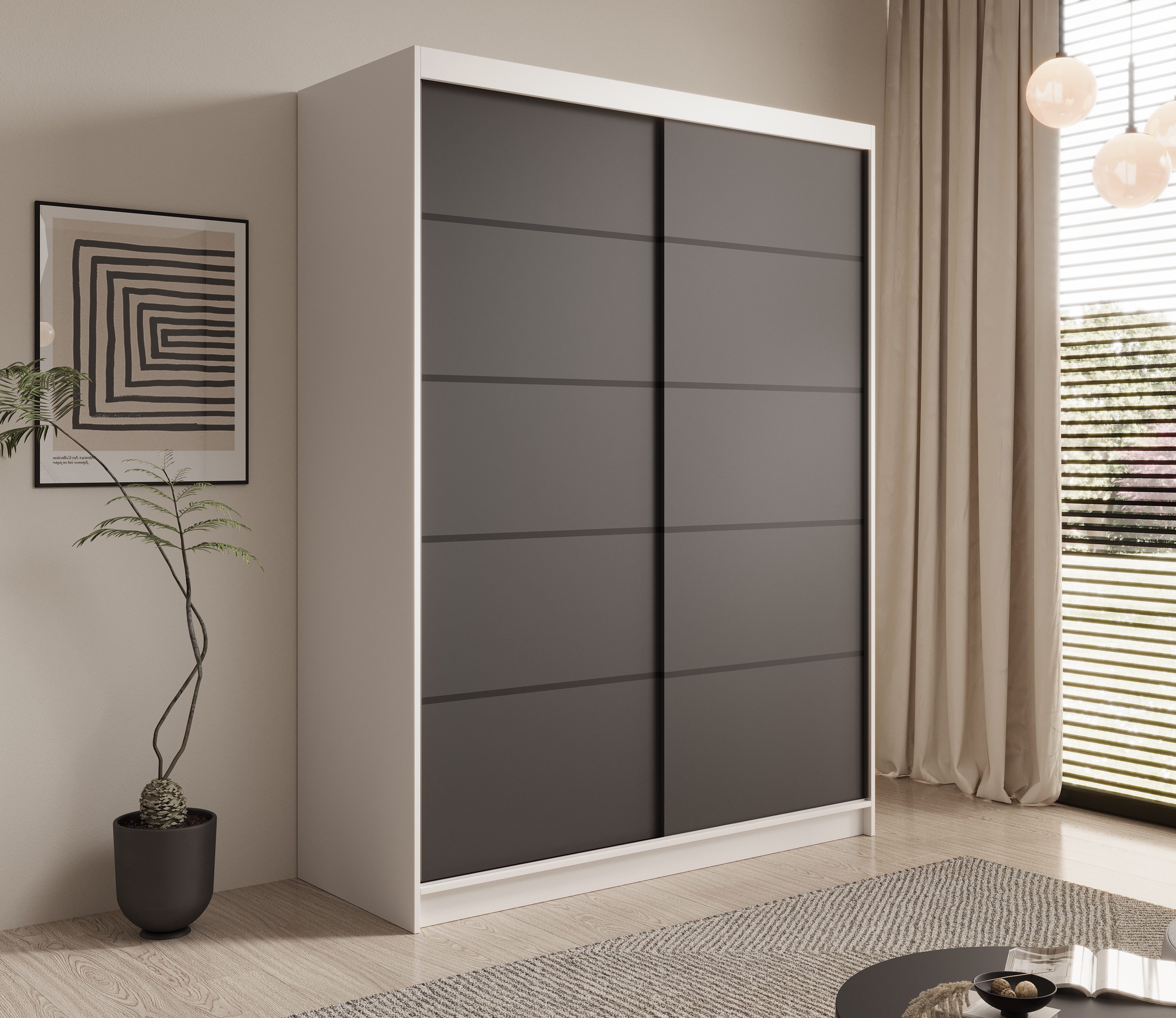 MOEBLO Schiebetürenschrank SANTINA 150 (Modern, Platzsparend, Viel Stauraum für Schlafzimmer, Schwebetürenschrank 2-türig Schrank Garderobe Schiebtüren) (BxHxT): 150x200x58cm