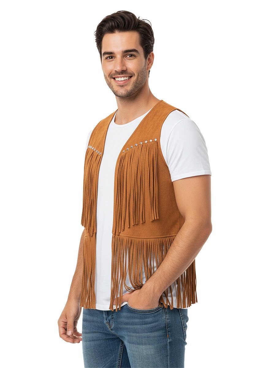 Metamorph Cowboy-Kostüm Hippie Fransenweste braun Fasching Karnevalskostüm, Ärmellose Kunstlederweste für Hippies, Biker, Trapper und Natives