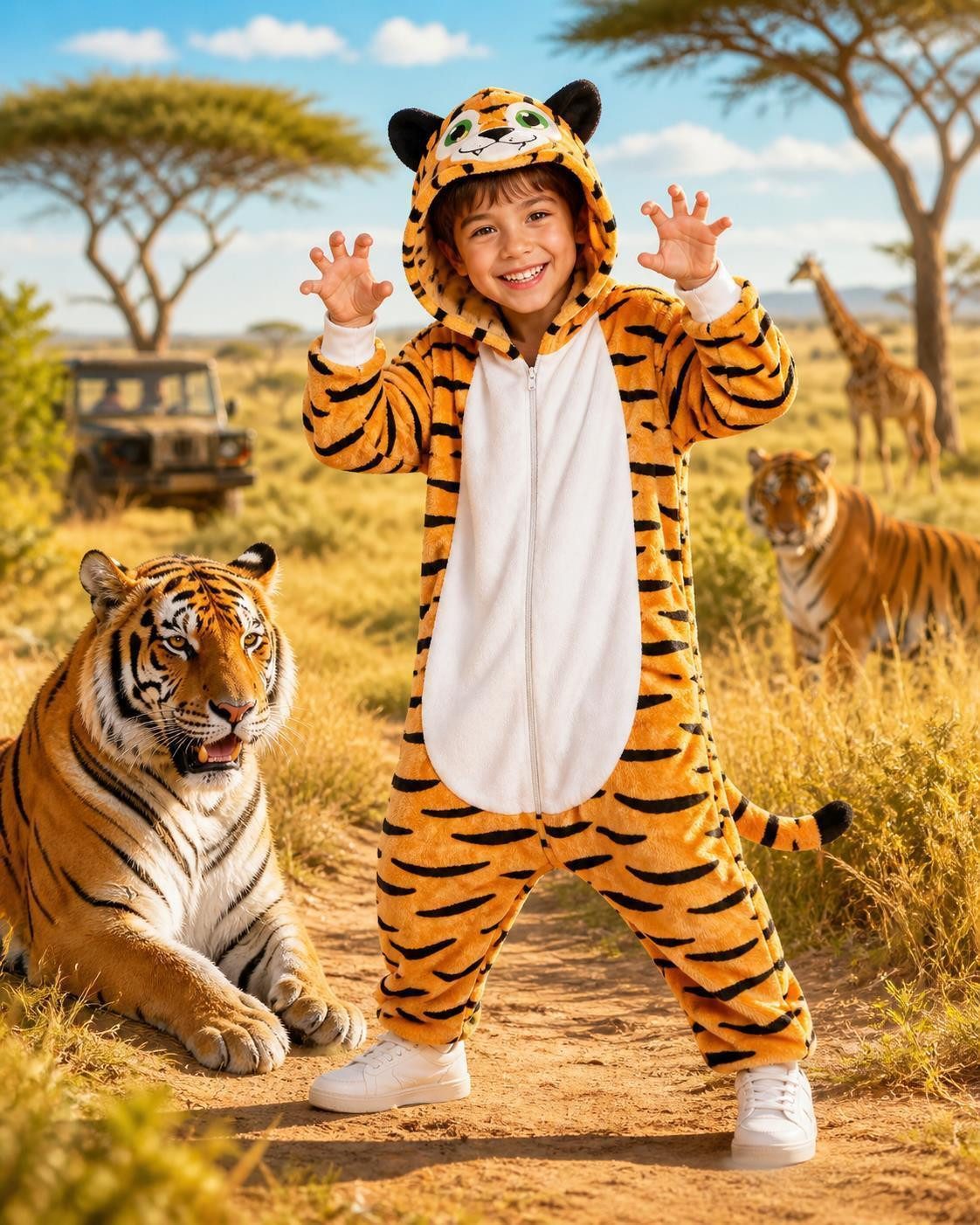 Corimori Jumpsuit Flauschiges Tiger-Kostüm für Kinder, Karneval Fasching Kostüm Onesie (2-tlg) Jumpsuit, Pyjama, Fasching, Kigurumi, Tierkostüme, Tiger "Makari"