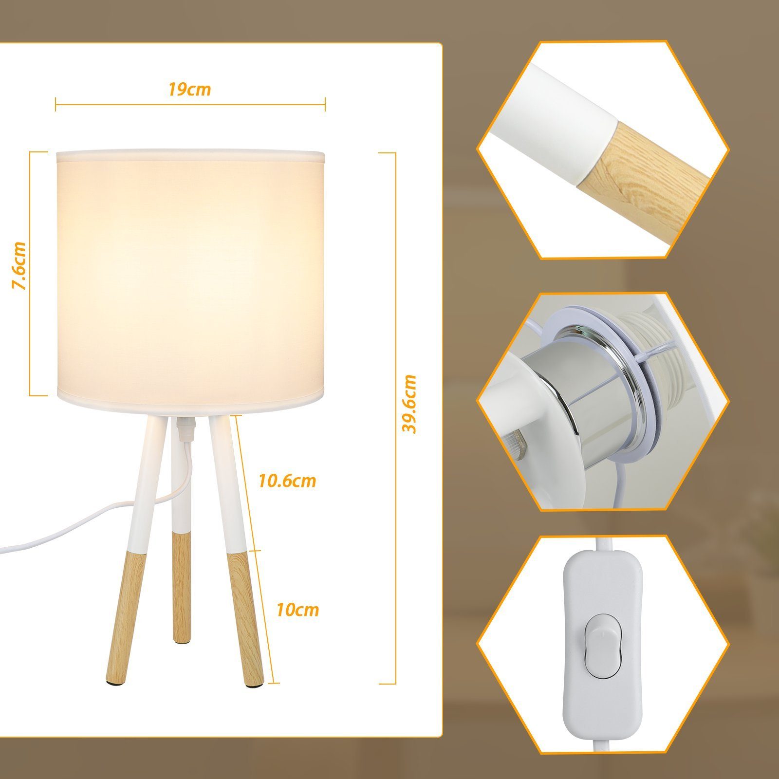 ZMH LED Holz - Tischlampe Nachttischlampe ‎Nachttischlampe Tischleuchte Schlafzimmer integriert, E27, LED fest Tischleuchte