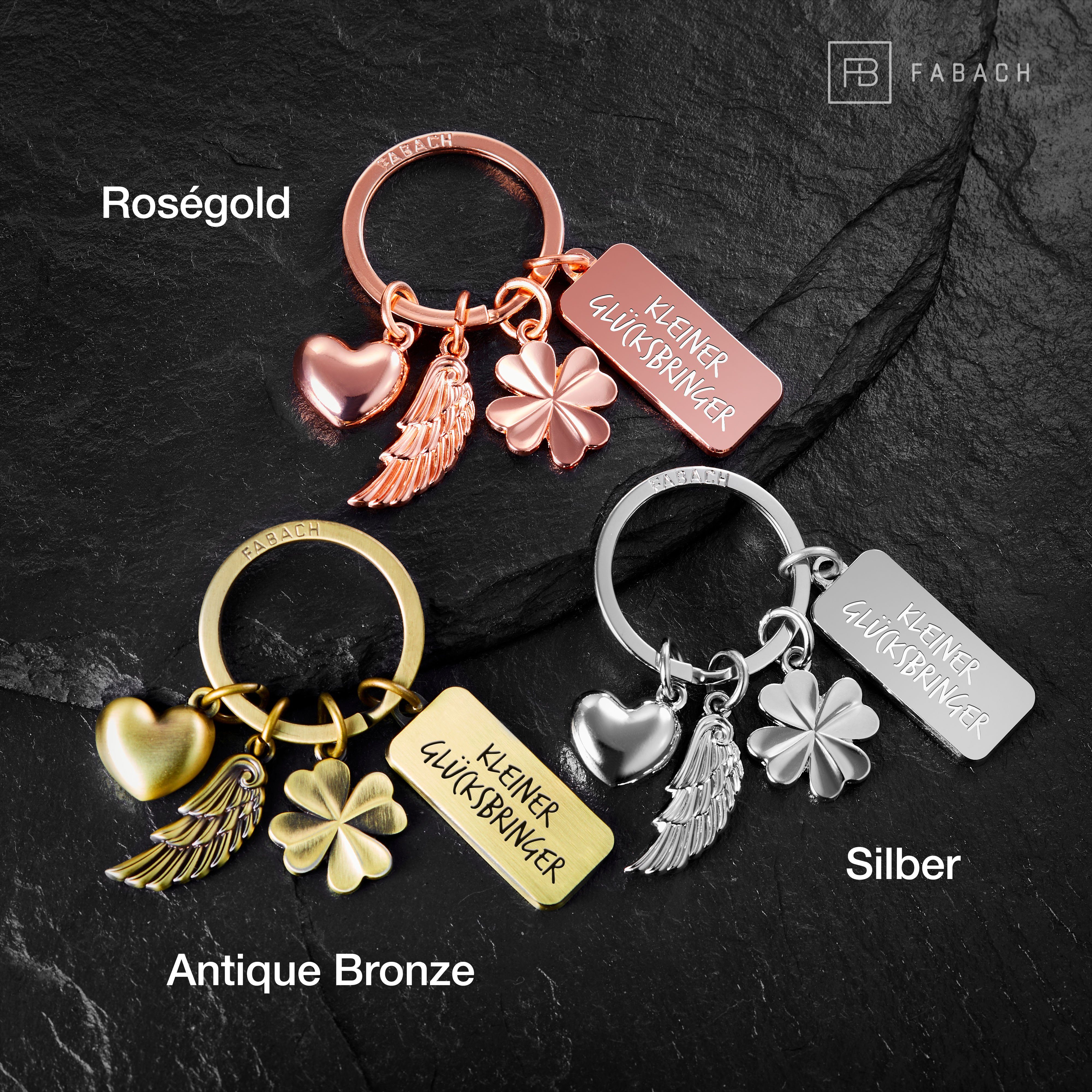 Kleiner Schlüsselanhänger Roségold Charms - Geschenk - mit FABACH Gravur Glücksbringer 3 Schutzengel