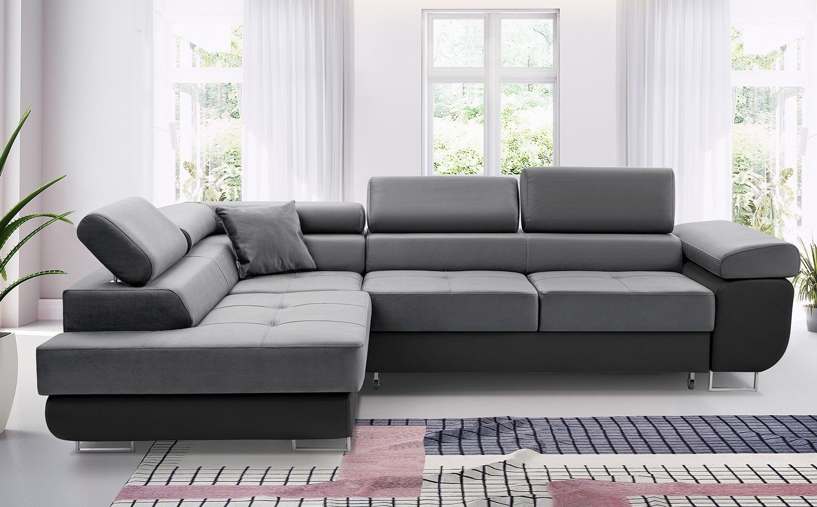 Unique Home Ecksofa Ecksofa GM-AST mit Schlaffunktion, Bettkasten, Verstellbare Kopfstütze, Farbe wählbar Trinity 14 + Soft 11