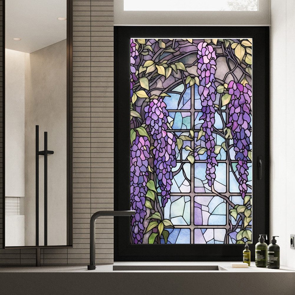 GarveeMore Fenstersticker PVC-Farbglas Glas Fensterfolie Aufkleber Nicht klebend Abnehmbar Bunt, 45/60*100cm Floral Retro Bunte Kolibri Blume Glasmalerei Fenster Film