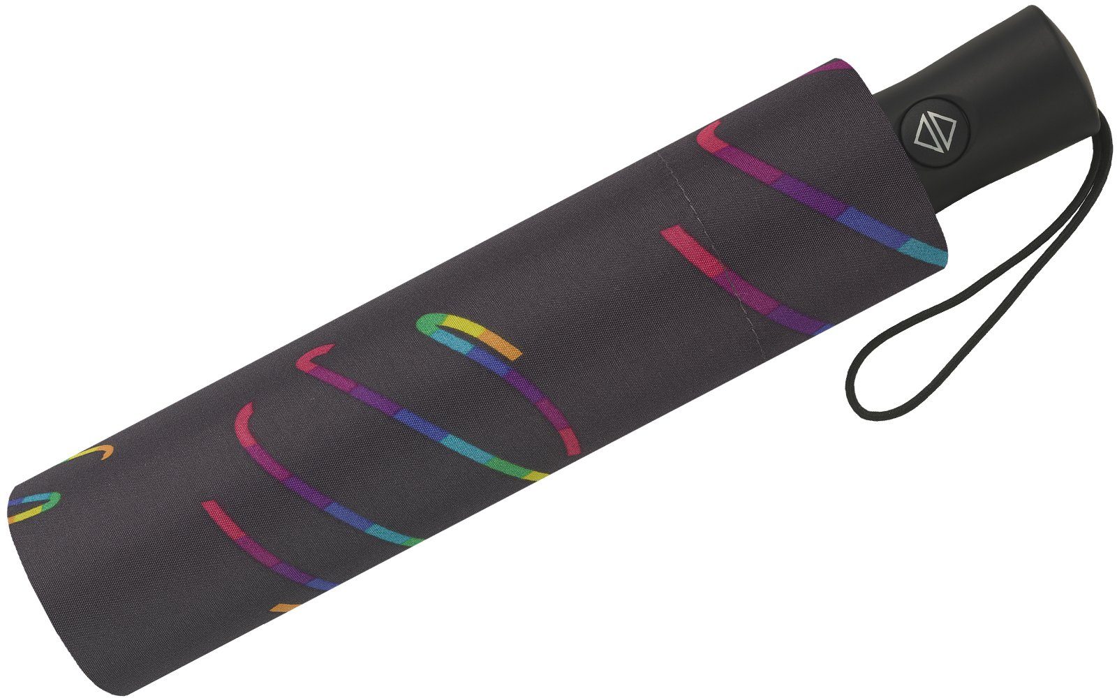HAPPY RAIN Taschenregenschirm schöner Damen-Regenschirm mit Auf-Zu-Automatik, verspielte Regenbogen-Wirbel auf dunklem Grund