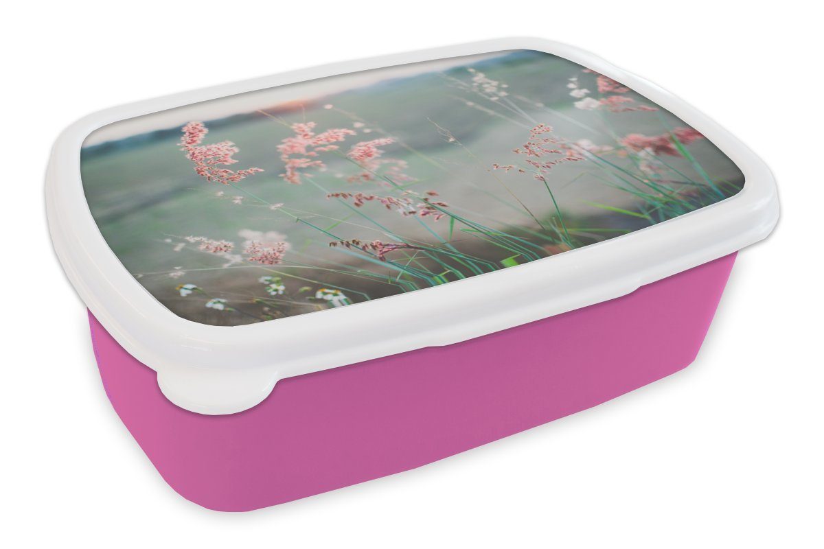 MuchoWow Lunchbox Blumen - Wasser - Rosa, Kunststoff, (2-tlg), Brotbox für Erwachsene, Brotdose Kinder, Snackbox, Mädchen, Kunststoff