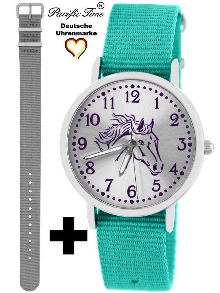 Pacific Time Quarzuhr Set Kinder Armbanduhr Pferd violett Wechselarmband, Mix und Match Design - Gratis Versand grau und türkis