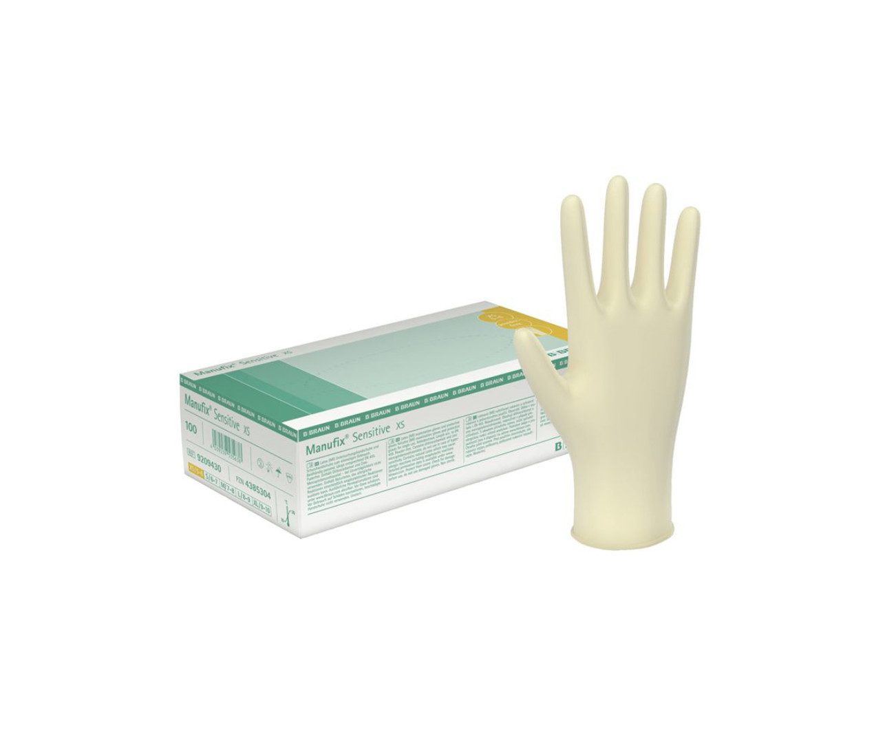 B. Braun Latexhandschuhe Manufix Sensitive U.-Handschuhe (Einmalhandschuhe, 100-St., Hautfreundliche pudefreie Handschuhe) Hohe Elastizität, Puderfrei mit Innenbeschichtung