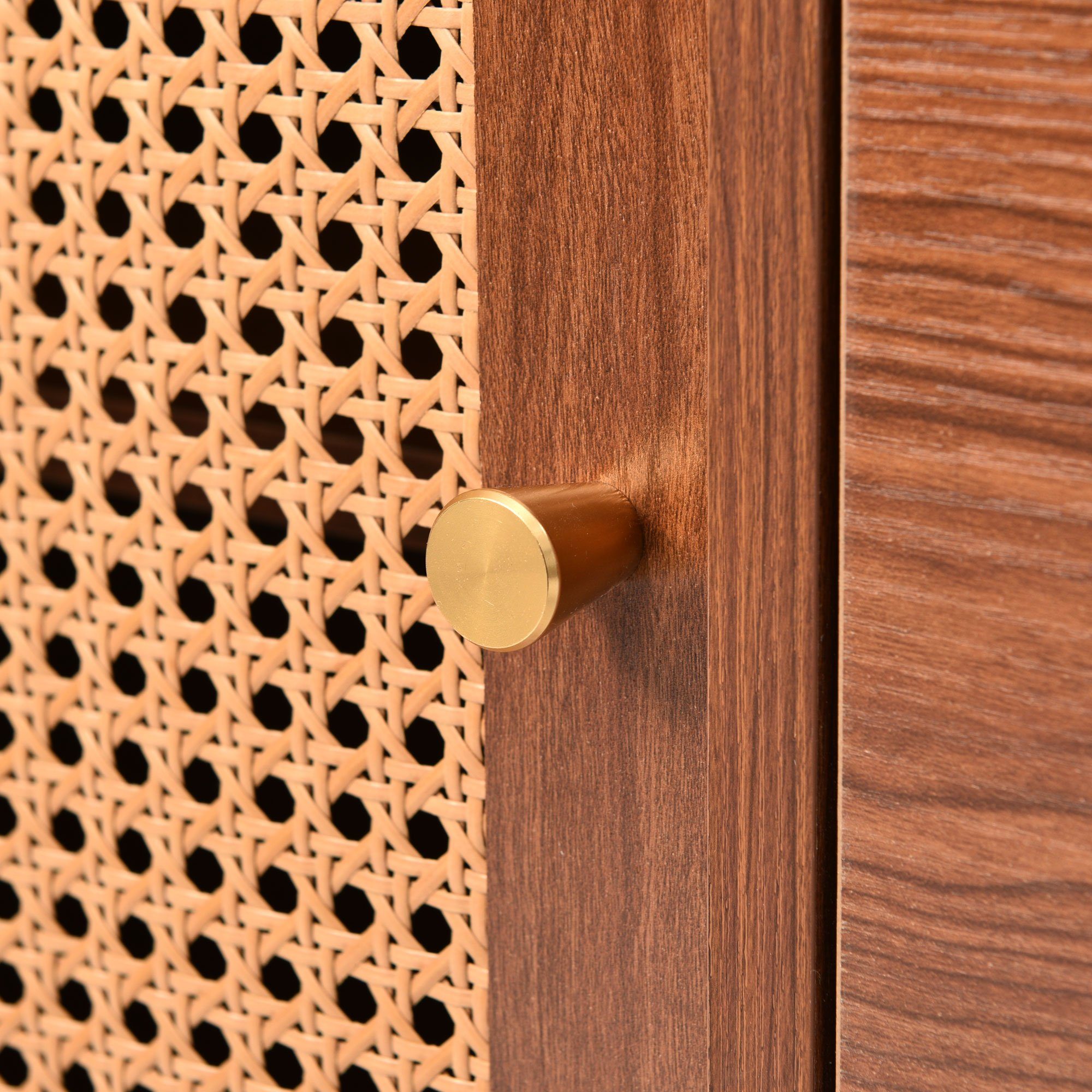 Kommode (Schubladenkommode), Sideboard mit 2 Türen und 3 Schubladen, Rattan, 150x40x90cm