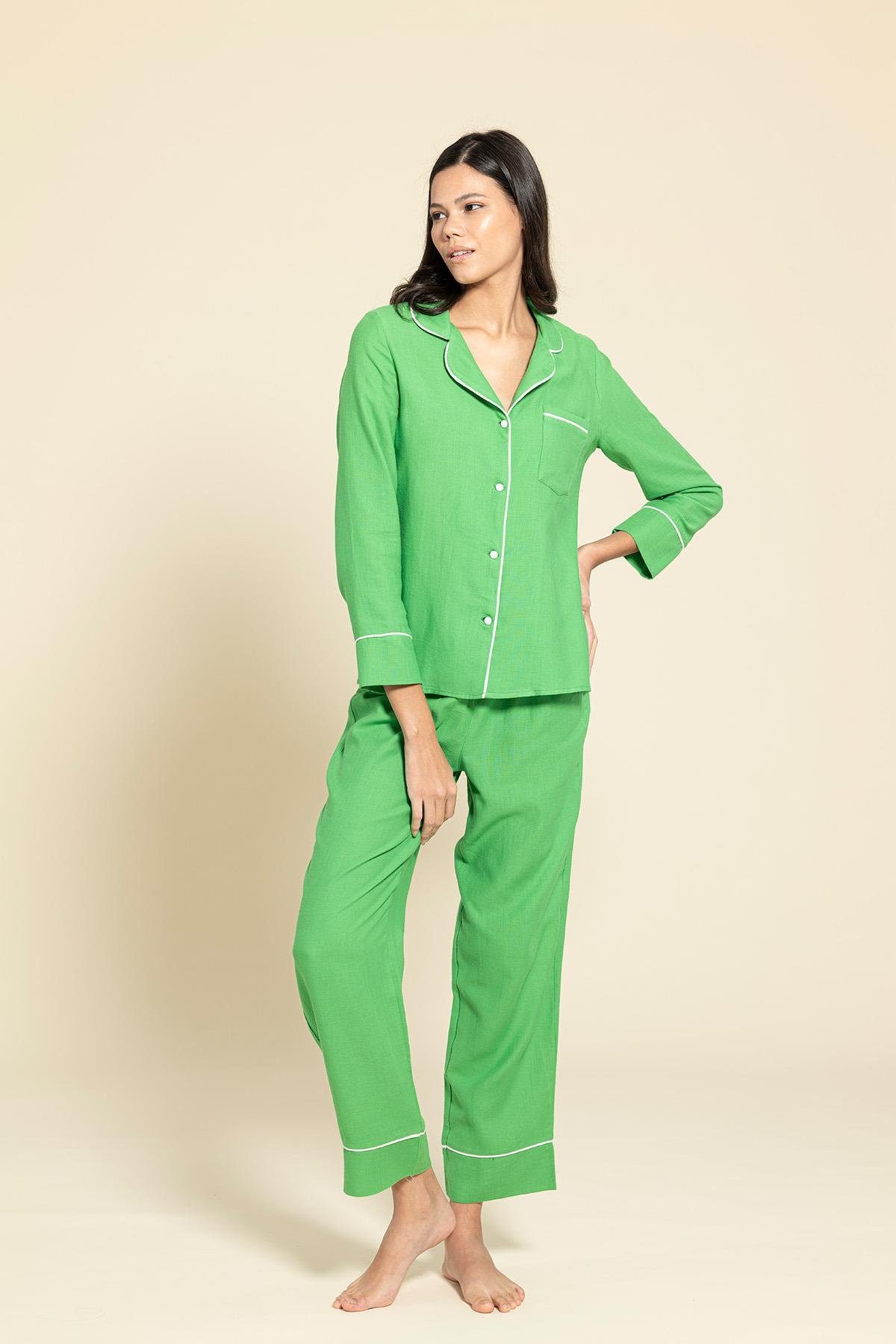 For You Moda Schlafanzug 3-teiliges Bio-Weiß gestreiftes grünes Pyjama-Set günstig online kaufen