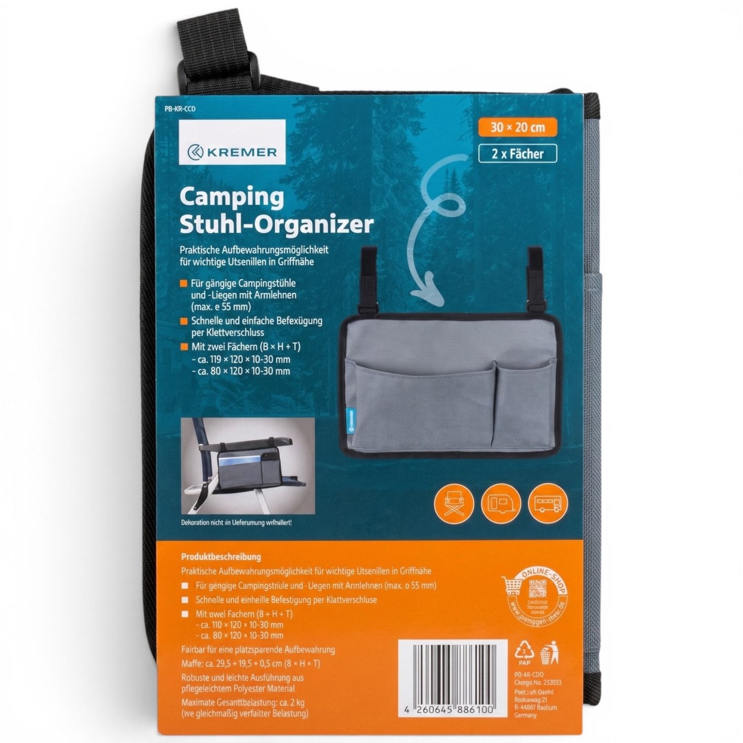 Kremer Hängeregal Camping Stuhl-Organizer 30 x 20 cm Armlehnen Hängetasche Utensilien