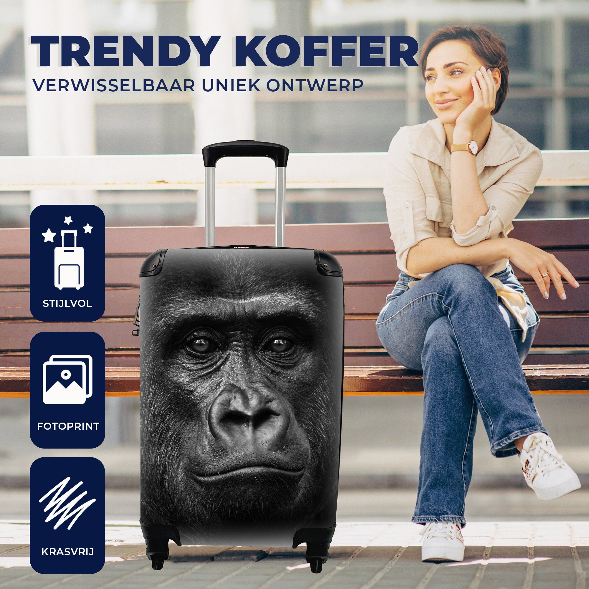 MuchoWow Handgepäckkoffer Gorilla - Schwarz für - - 4 Reisetasche Trolley, Porträt, Tiere Reisekoffer Ferien, Weiß rollen, Rollen, - Handgepäck mit