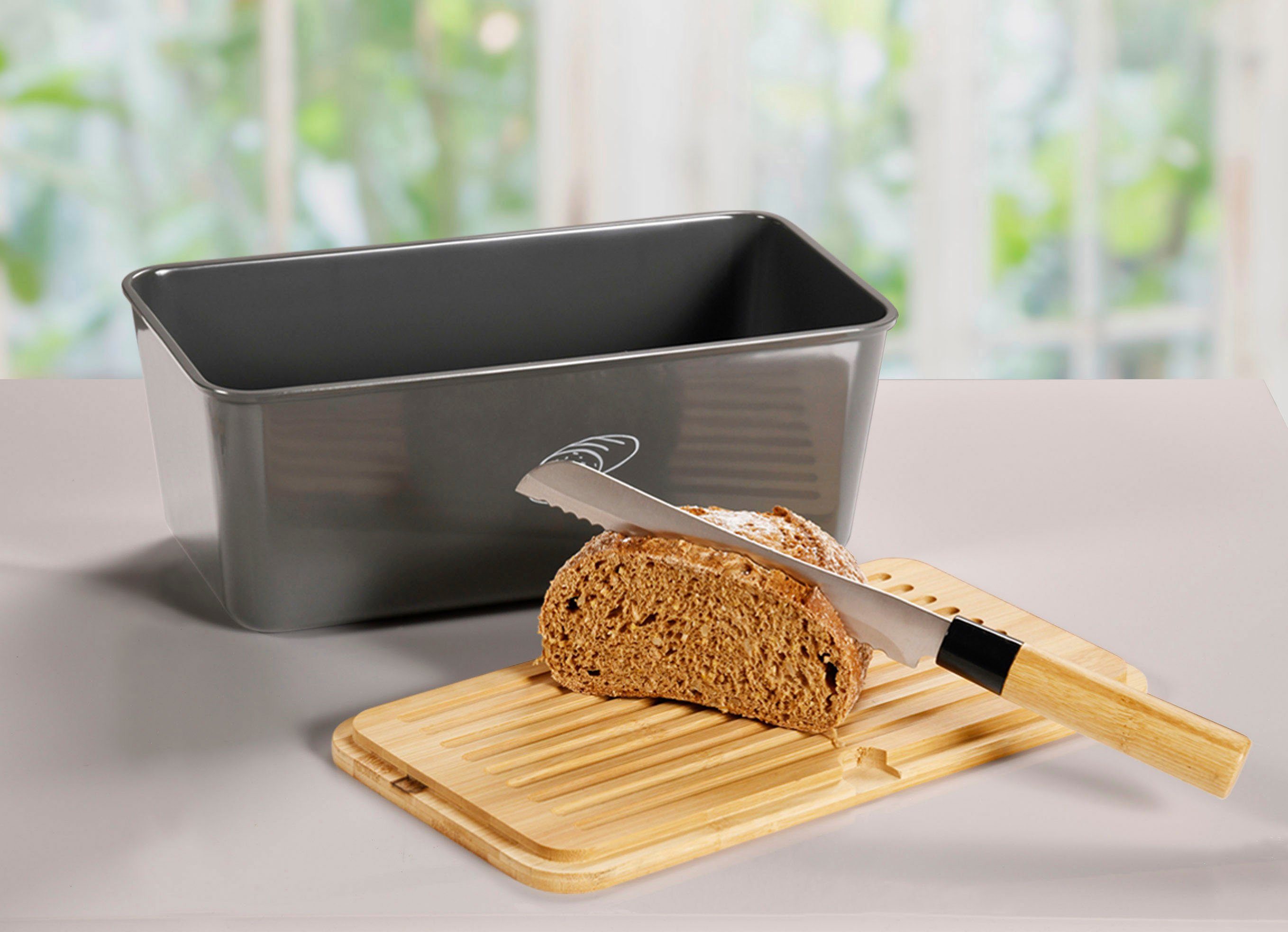 Brotkasten mit kitchen Grau Kunststoff, for home & Schneidefläche KESPER Bambusdeckel, (2-tlg), Brotbox Deckel abnehmbaren Bambus, mit mit