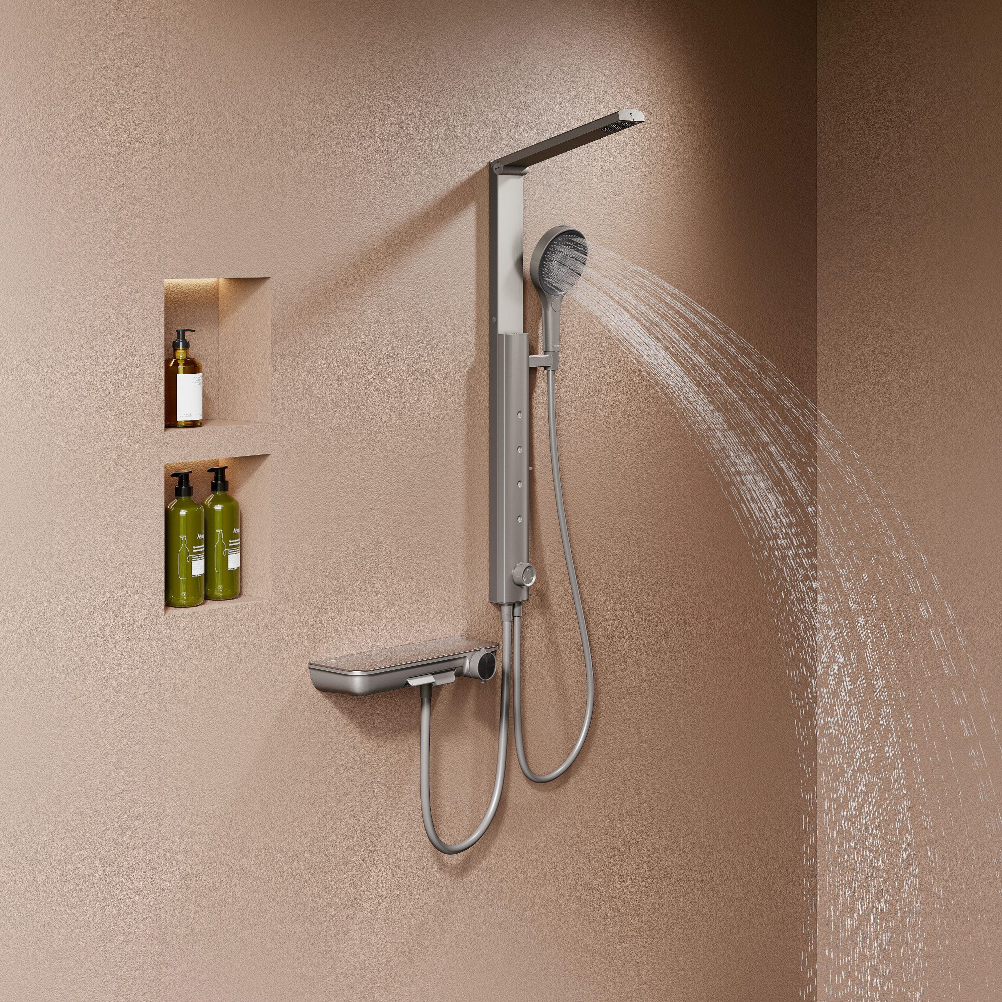 HOROW Duschsystem Brausegarnitur mit Thermostatarmatur und faltbarer Regendusche, 4 Strahlart(en), Regendusche Set, 3 Massage-Modi, Klappbares Duschset, Höhenverstellbar