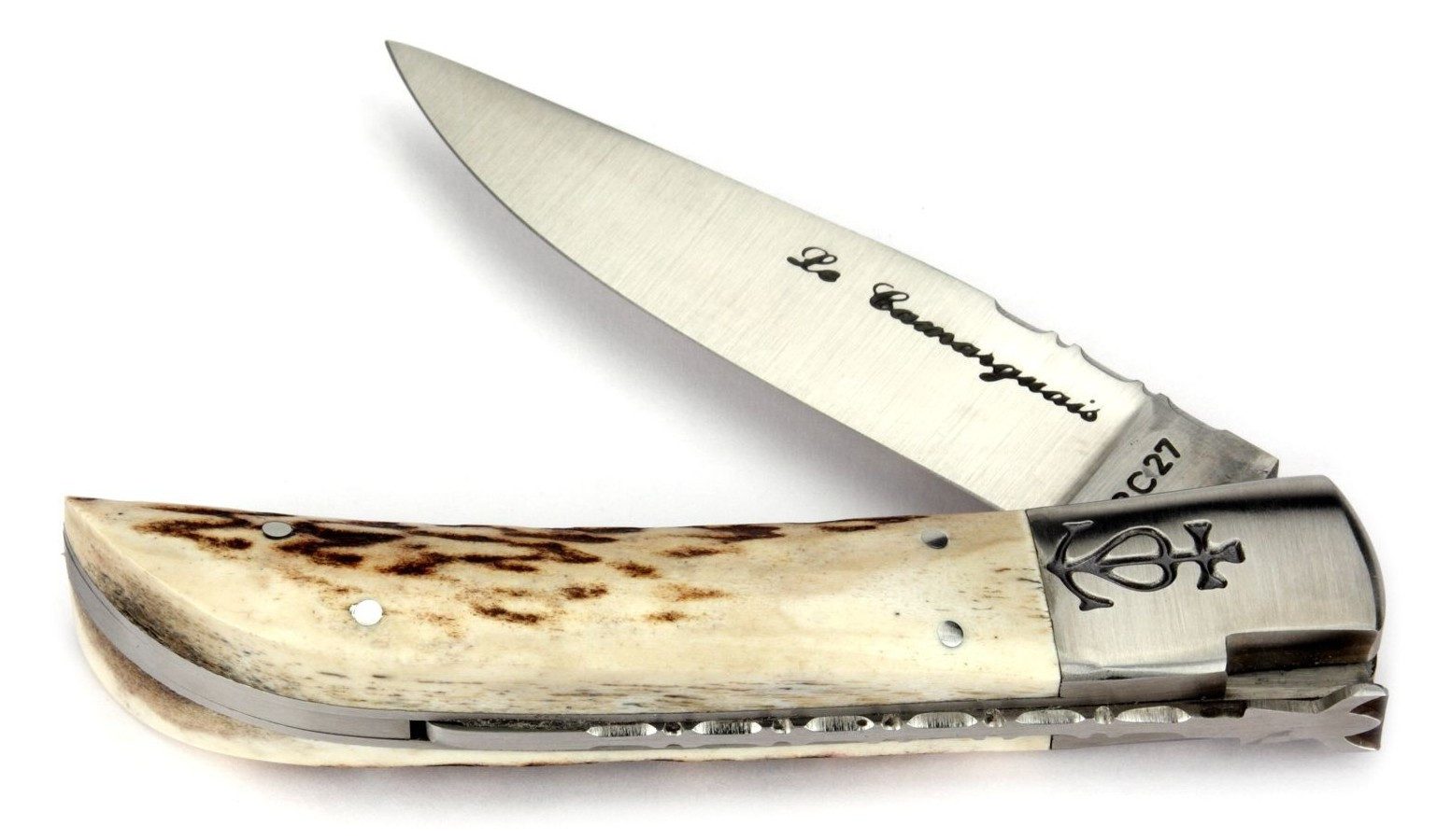 Le Camarguais Taschenmesser 20094, Griff 12cm Hirschhorn - Feder, Klingenrücken verziert - Stahl matt