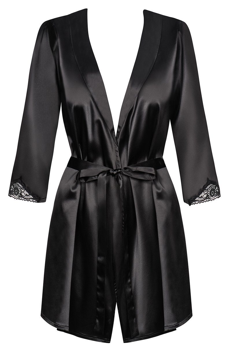 Satinia Satin schwarz glänzend Morgenmantel Kimono mit Negligé Robe (2-tlg) Obsessive String Set