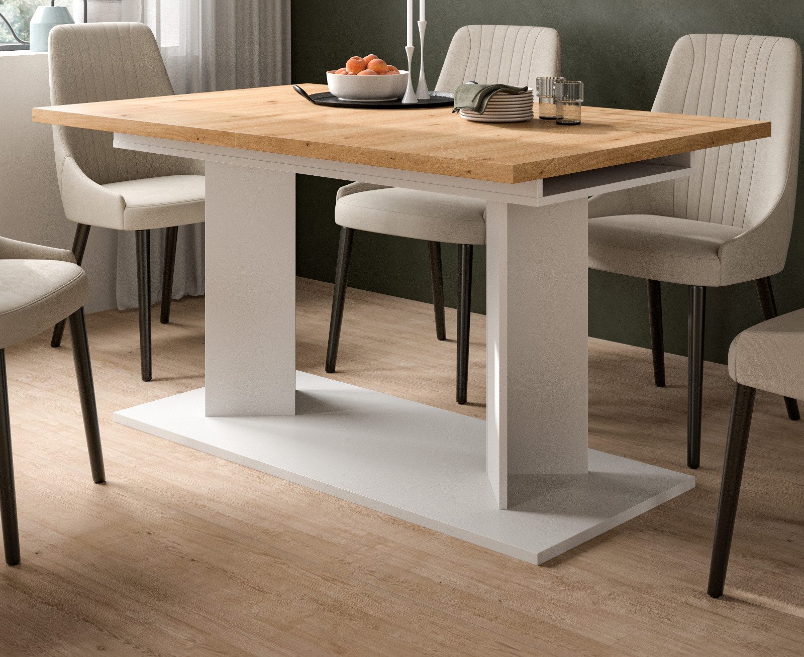 Inn.Furn Säulen-Esstisch Anton (Küchentisch in Eiche Artisan und Weiß, 2-fach ausziehbar, 140 - 180 - 220 x 90 cm), flexibel verlängerbar bis 4, 8 oder 10 Personen