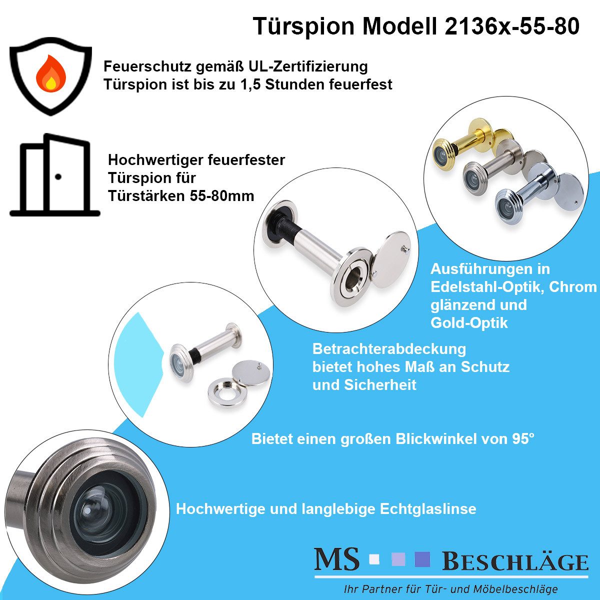 MS Beschläge Türspion Feuerschutz Türblick Türspion Türgucker Glaslinse, Türstärke 55-80 mm – Bild 4 von 5