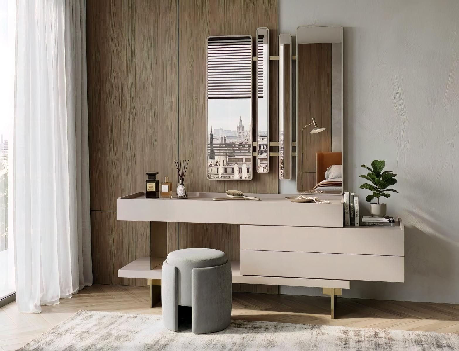 JVmoebel Schminktisch Frisiertisch Set Spiegel Hocker Modern Beige Edel Luxus Schminktisch (3-St), Made in Europa