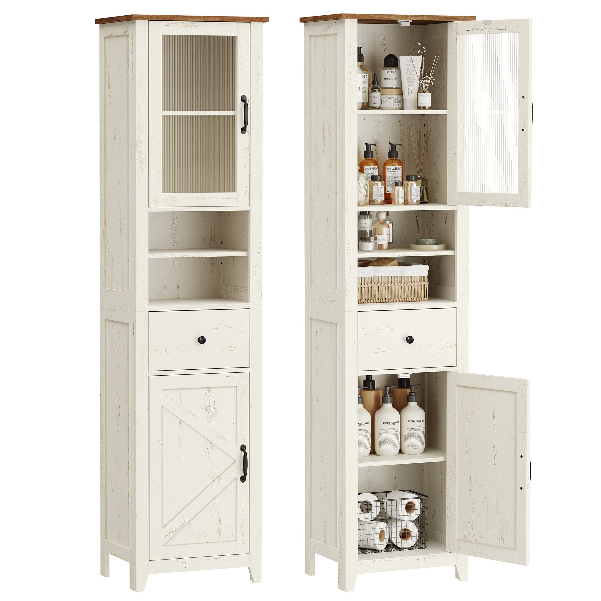 VASAGLE Badkommode Badezimmerschrank im Landhausstil, Badschrank schmal, Badmöbel, offene Fächer, 1 Schublade, mit Türen