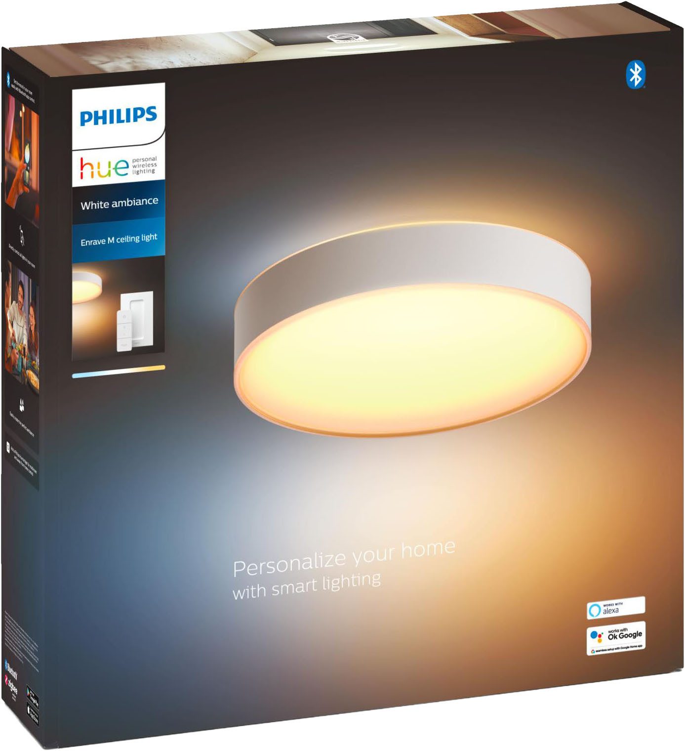 Philips Hue Smarte LED-Leuchte White Ambiance Enrave Deckenleuchte M schwarz, Abschaltautomatik, Bluetooth, CCT - über Fernbedienung, Dimmer, Dimmfunktion, Farbsteuerung, Fernbedienung, Infrarot inkl., Leuchtdauer einstellbar, Memoryfunktion, Nachtlichtfunktion, Smart Home, Timerfunktion, dimmbar über Fernbedienung, erweiterbar, mehrere Helligkeitsstufen, LED wechselbar, warmweiß - kaltweiß, inkl. Philips Hue Dimmschalter