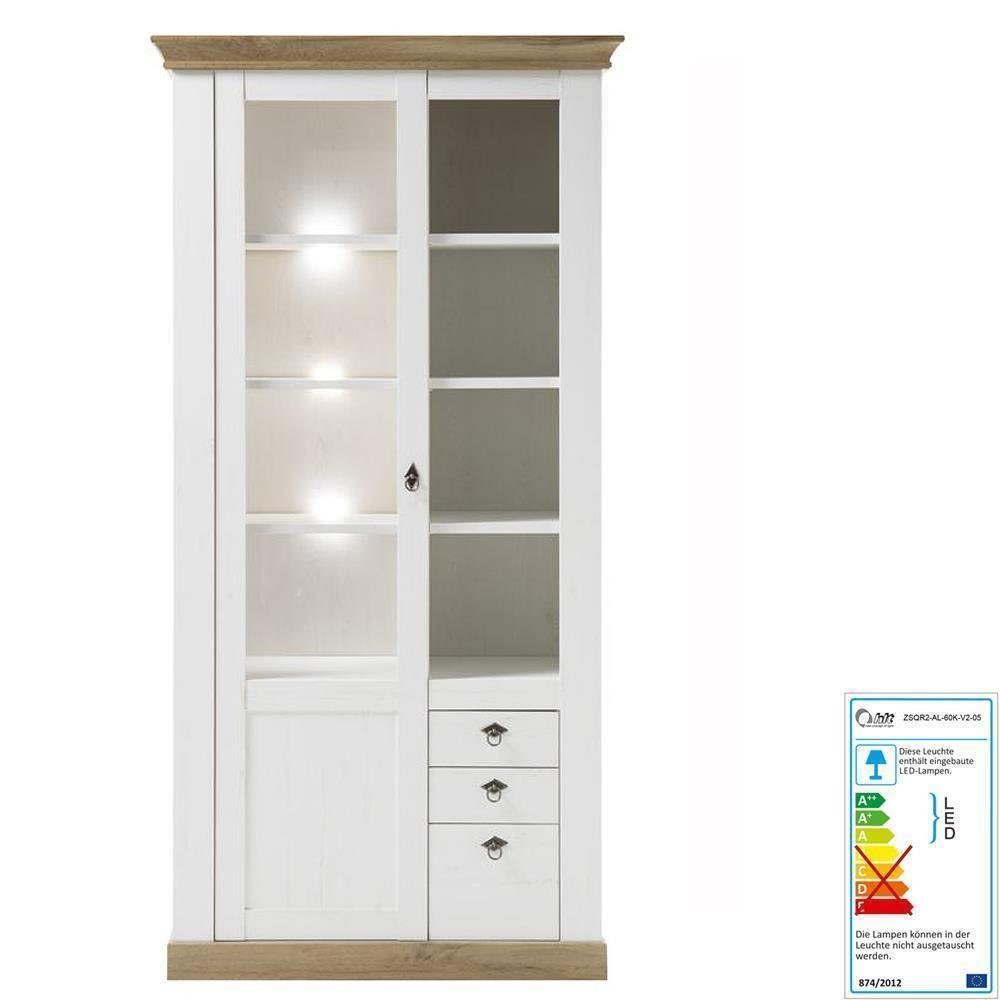 LINARES-61, Wotan Lomadox / 2-tlg), Wohnwand 386/204/52 Highboard inkl. Eiche Vitrine Nb. weiß & - cm (2-St.,