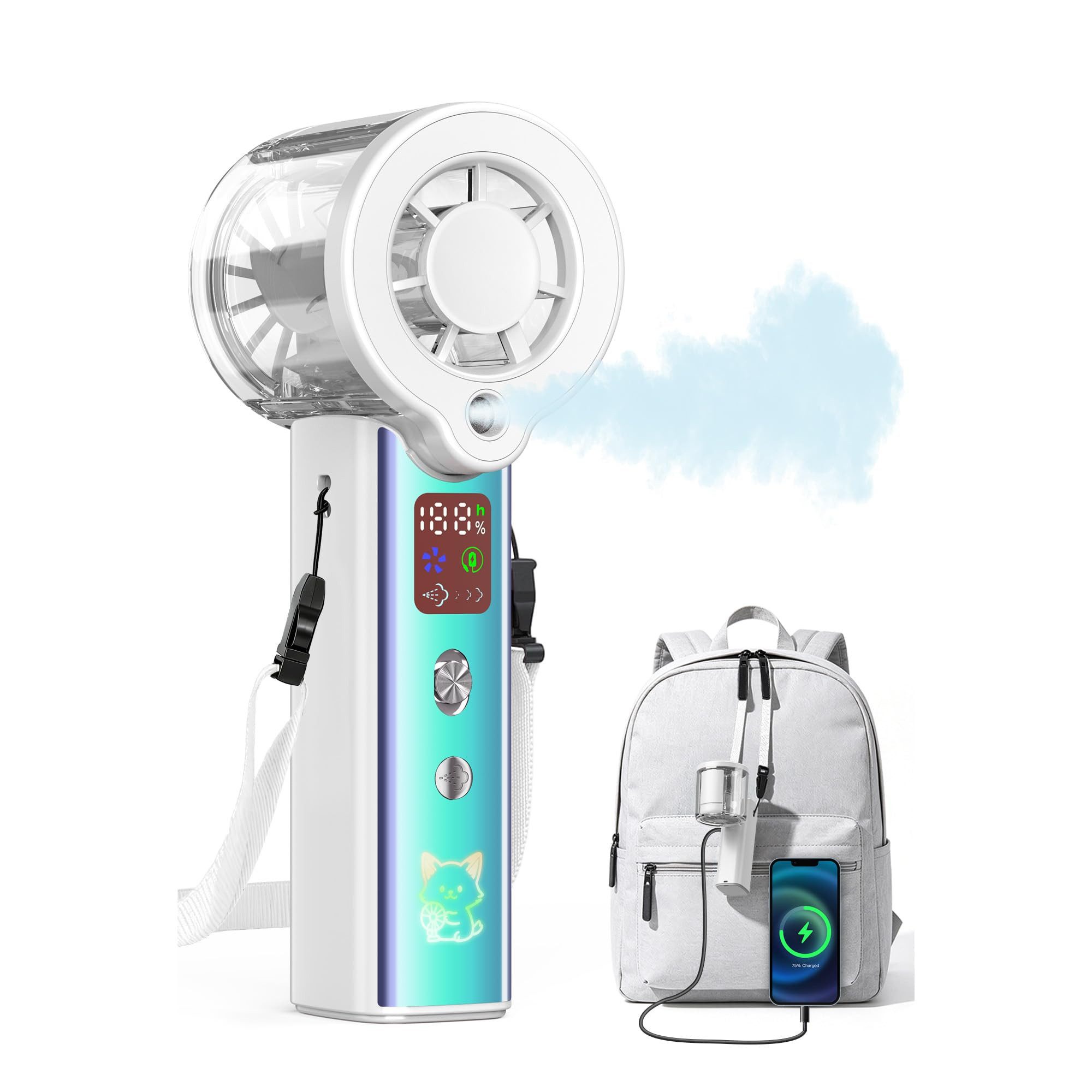 nsihing Handventilator Verbesserter, tragbarer und wiederaufladbarer Sprühnebel-Ventilator, Handventilator mit 4000-mAh-Akku und LED-Anzeige