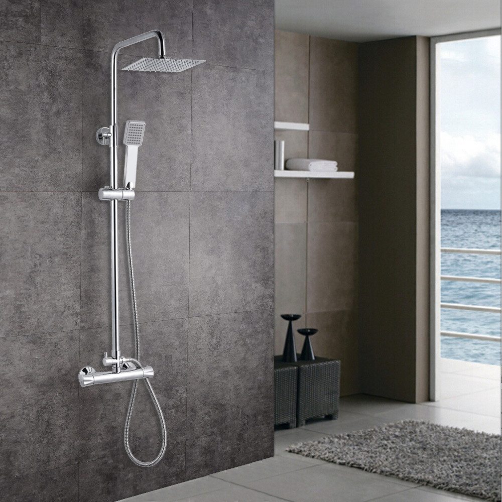 Polish Chrome Duschsystem Mit Regendusche & Handbrause – 8 Zoll (20,3 Cm) Quadratisch, Verstellbare Höhe 85-130 Cm