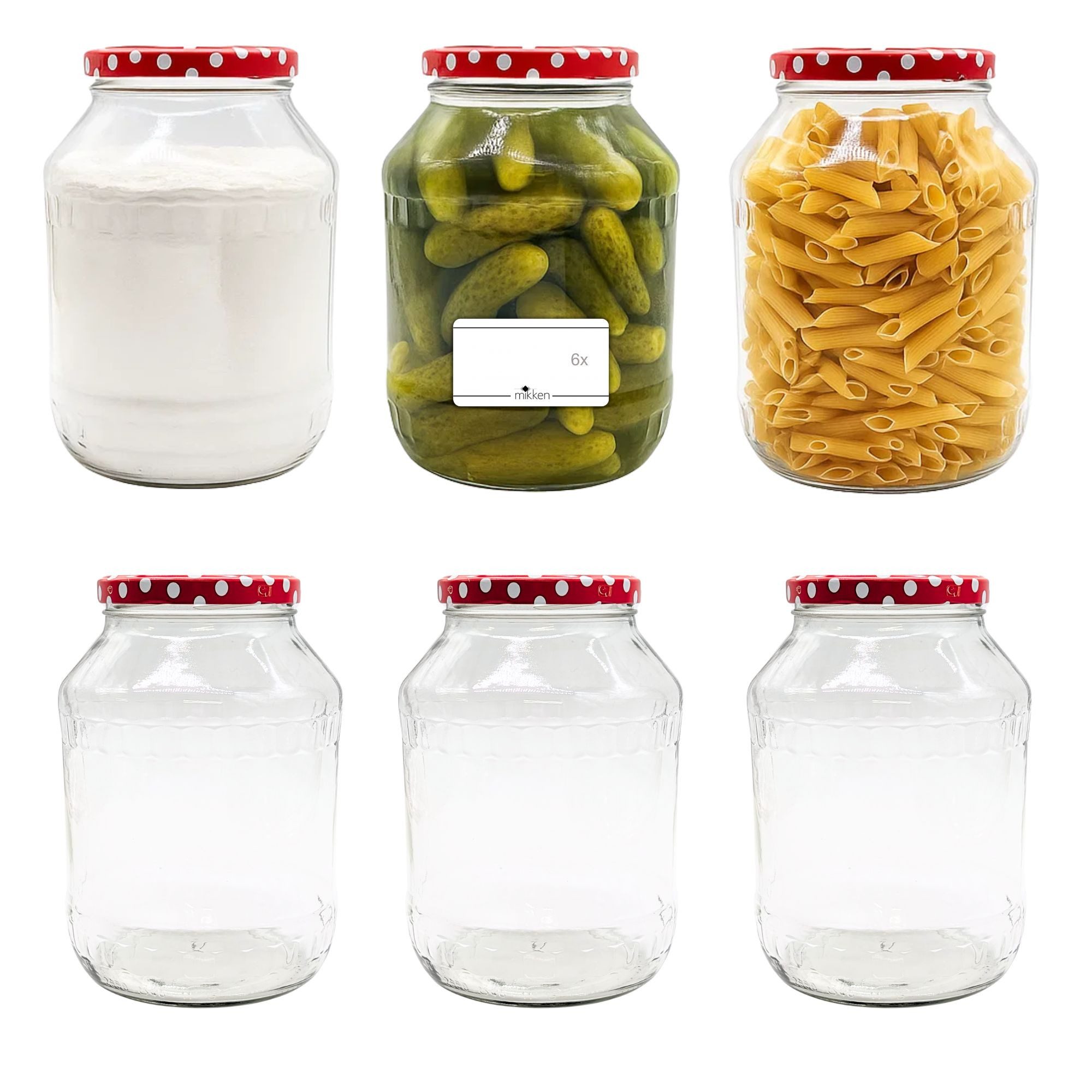 mikken Vorratsglas 6 große Einmachgläser 2650 ML, (Spar-Set, 6er Set Vorratsgläser), mit Twist-Off Deckel TO100 und 6 Etiketten zum Beschriften