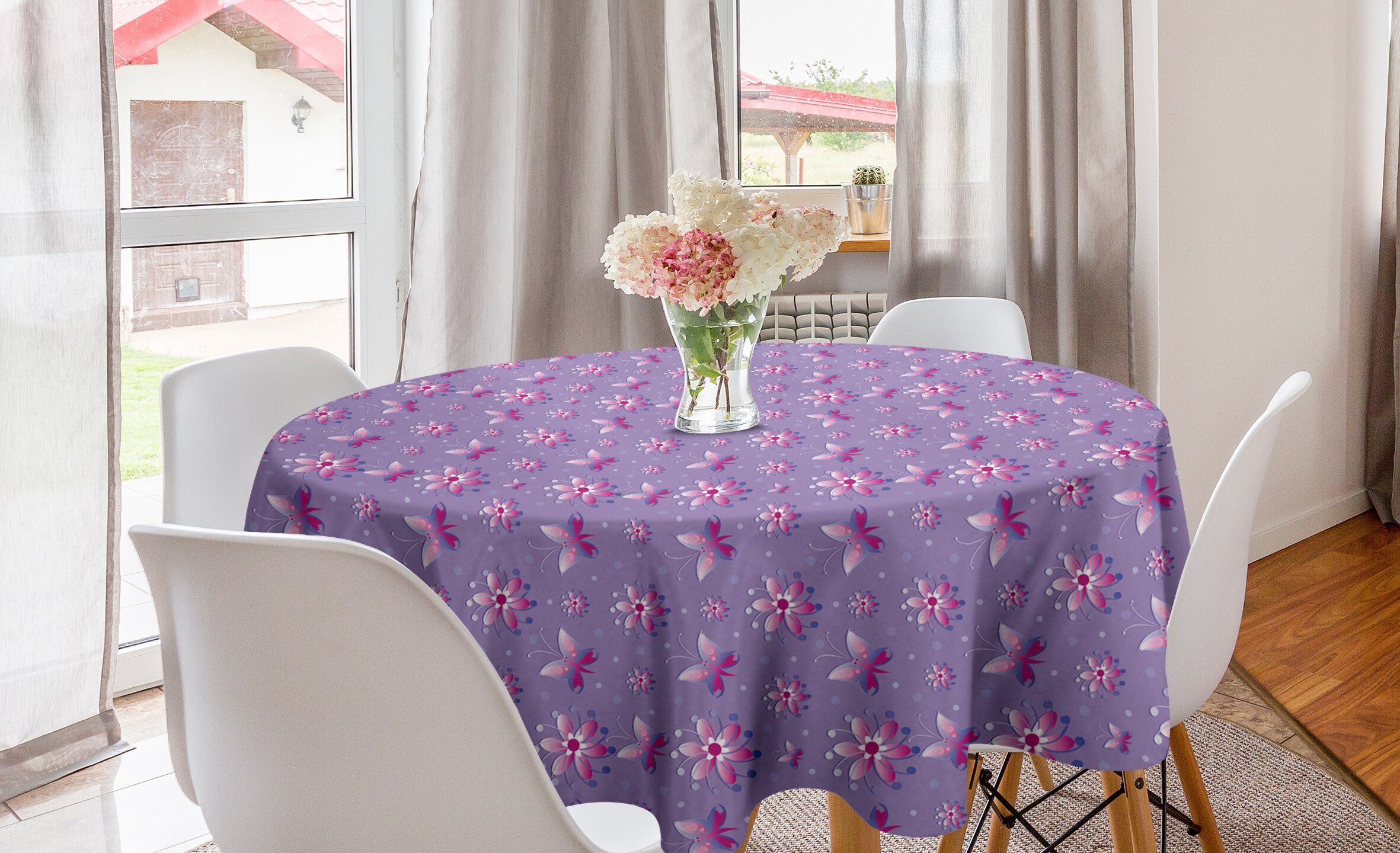Abakuhaus Tischdecke Kreis Tischdecke Abdeckung für Esszimmer Küche Dekoration, Dunkelpink Schmetterlinge Blumen-Punkte