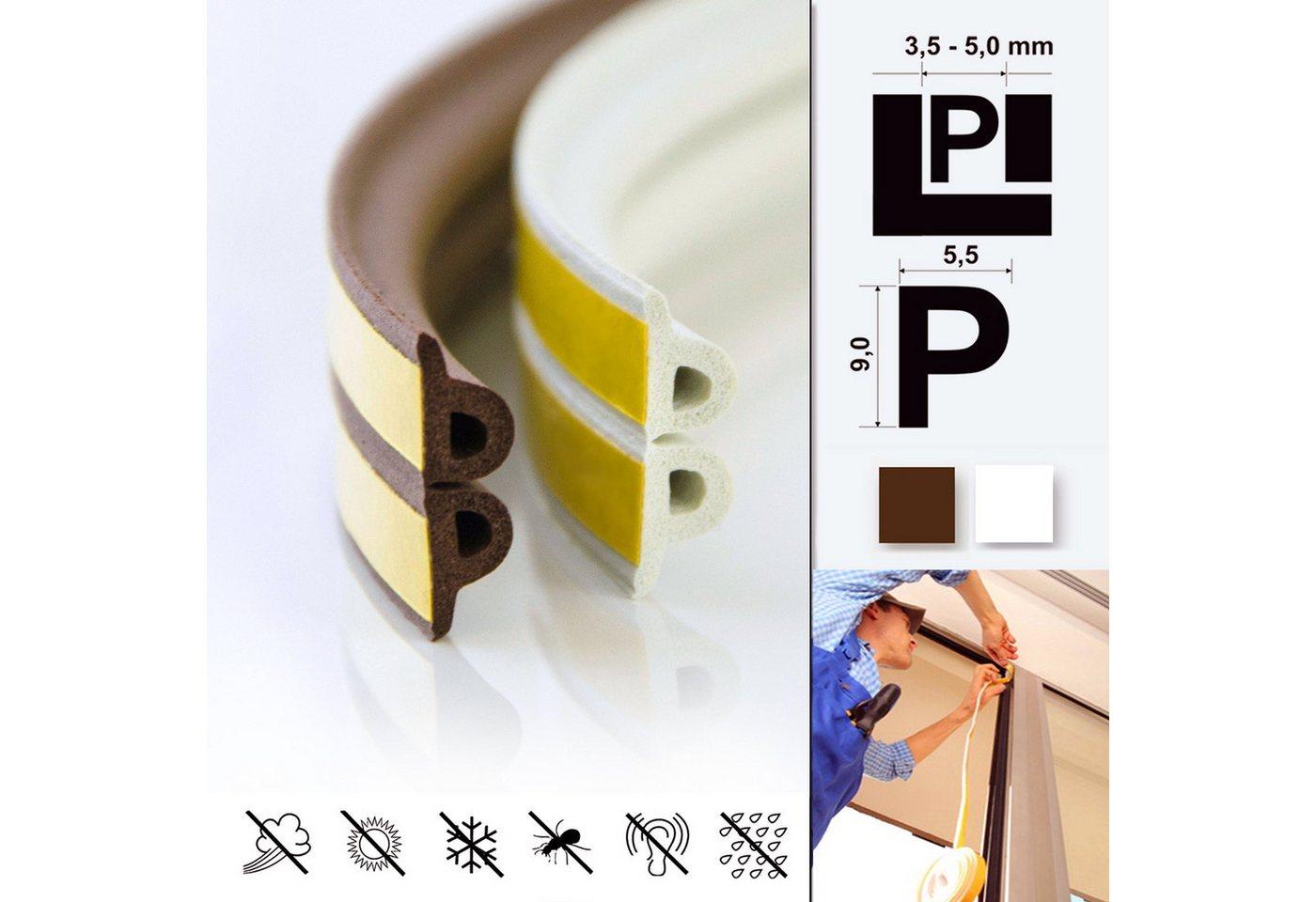 Thumbnail - DQ-PP Türdichtband DQ-PP Fensterdichtung, 50 Meter, Profil D,E,I,P,V, selbstklebend, E-Profil, D-Profil, I- Profil, P-Pr...