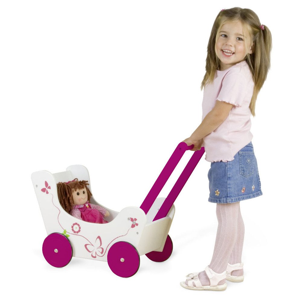 Babypuppe Holz Puppenwagen mit Schmetterlingsmotiv