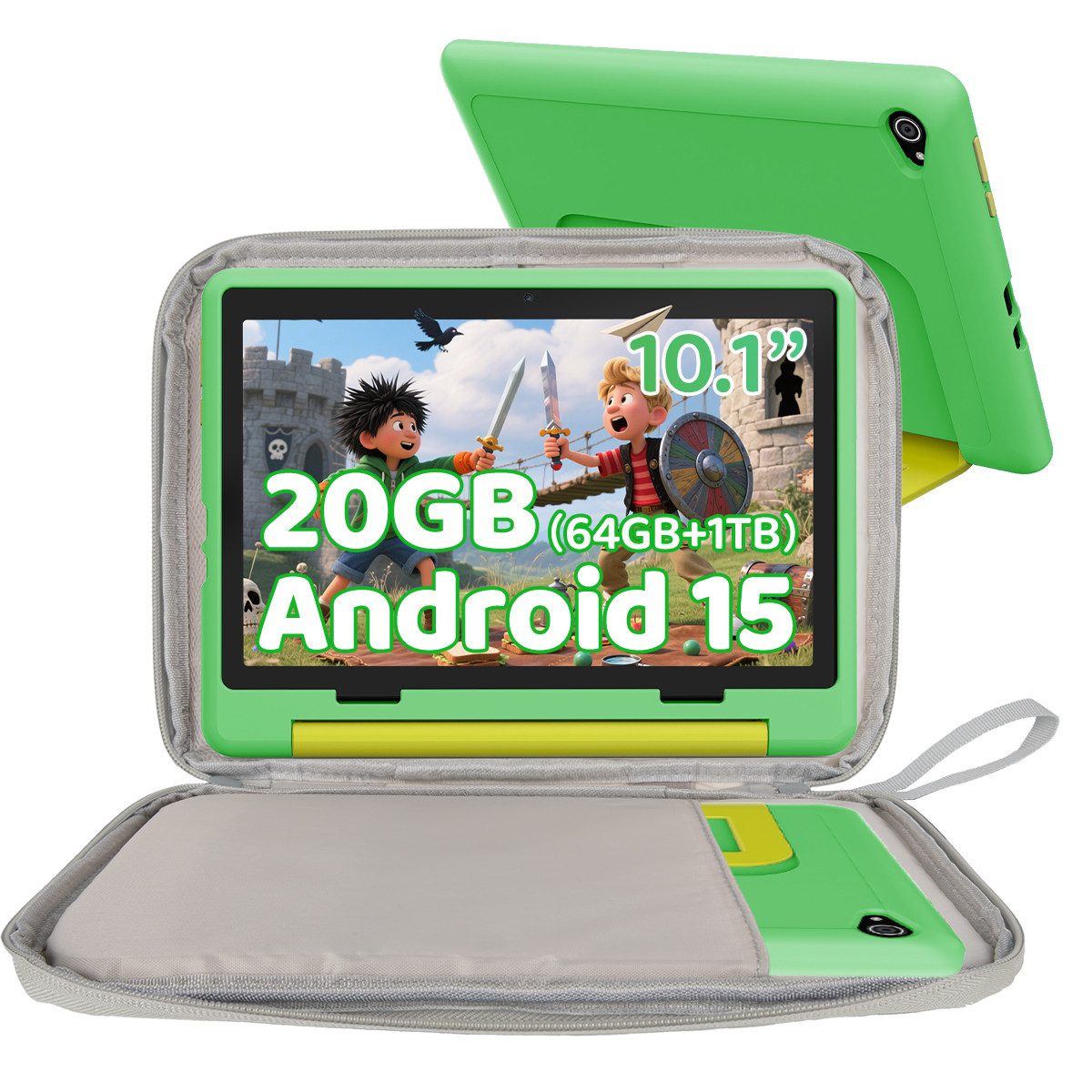 BUFO 10 Zoll 20(3+17)GB RAM+64GB ROM 1280x800 HD-Display Android15 Kinder Tablet (10,1", 64 GB, Android 15, WIFI, Anti-Blaulicht, Vorinstallierte Kinder Lernsoftware, Robustes Design)