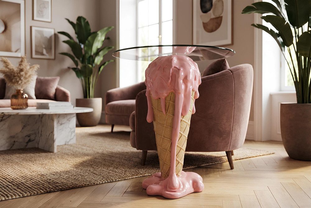 riess-ambiente Bistrotisch ICE CREAM 75cm beige/rosa - Glas, Eiswaffel, handgemacht, rund, modern (Einzelartikel, 1-St), Pop-Art Cafétisch - ideal für Küche, Essbereich od. kleine Sitznischen