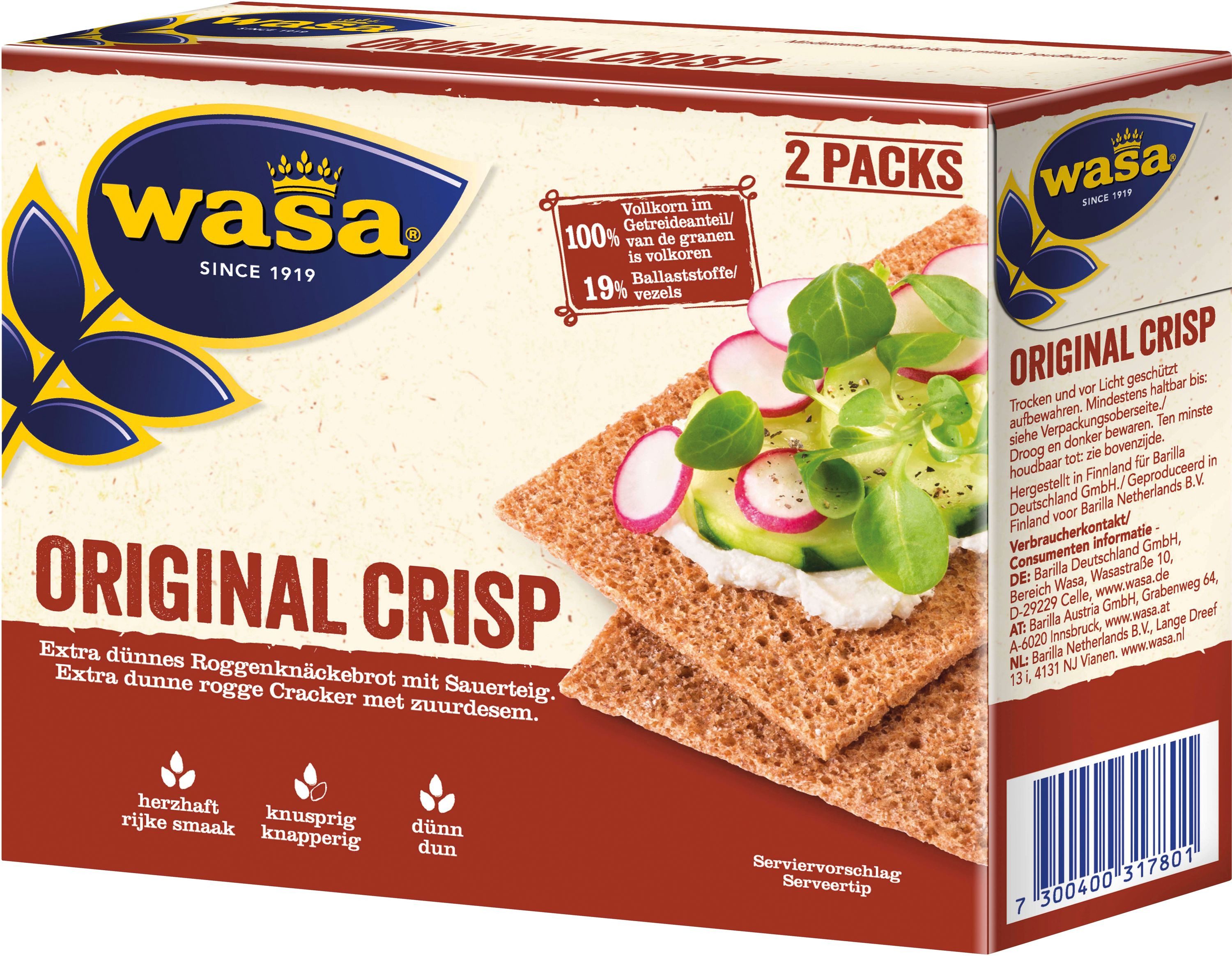 Wasa Brot, Wasa Crisp Original extra dünnes Roggenknöckebrot mit Sauerteig 200g