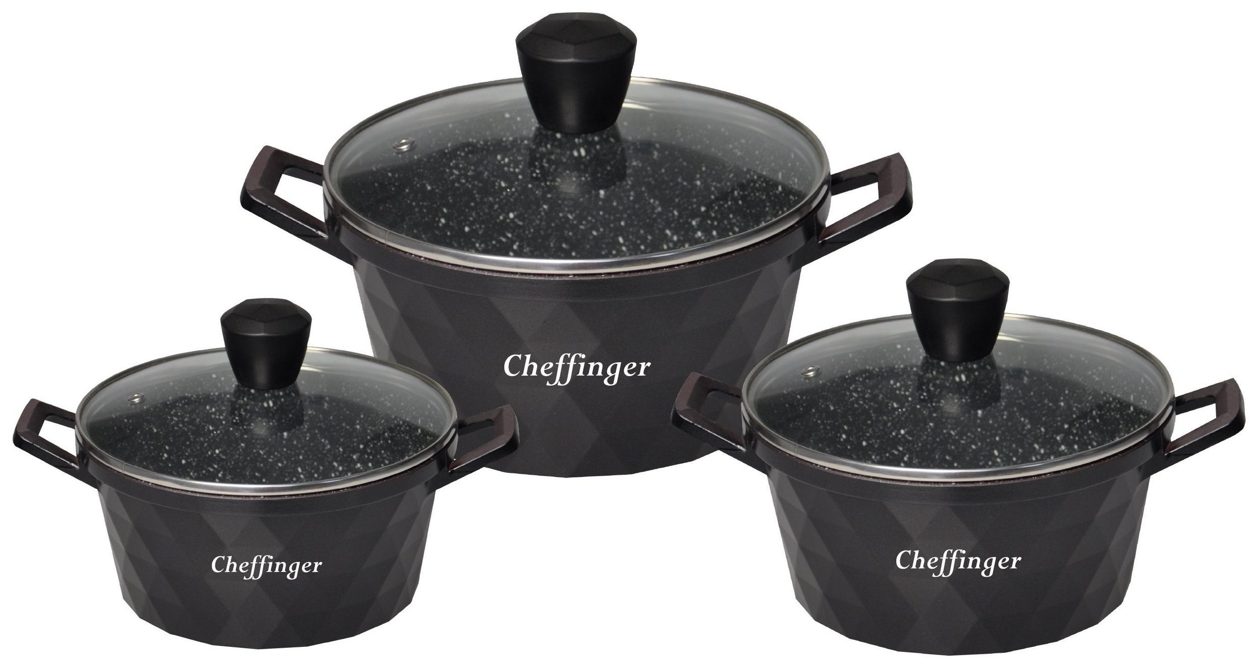Cheffinger Topf-Set Kochtopf Kasserolle Topf Set 6-tlg schwarz Glasdeckel Cheffinger, Material: Aluminium, Glas