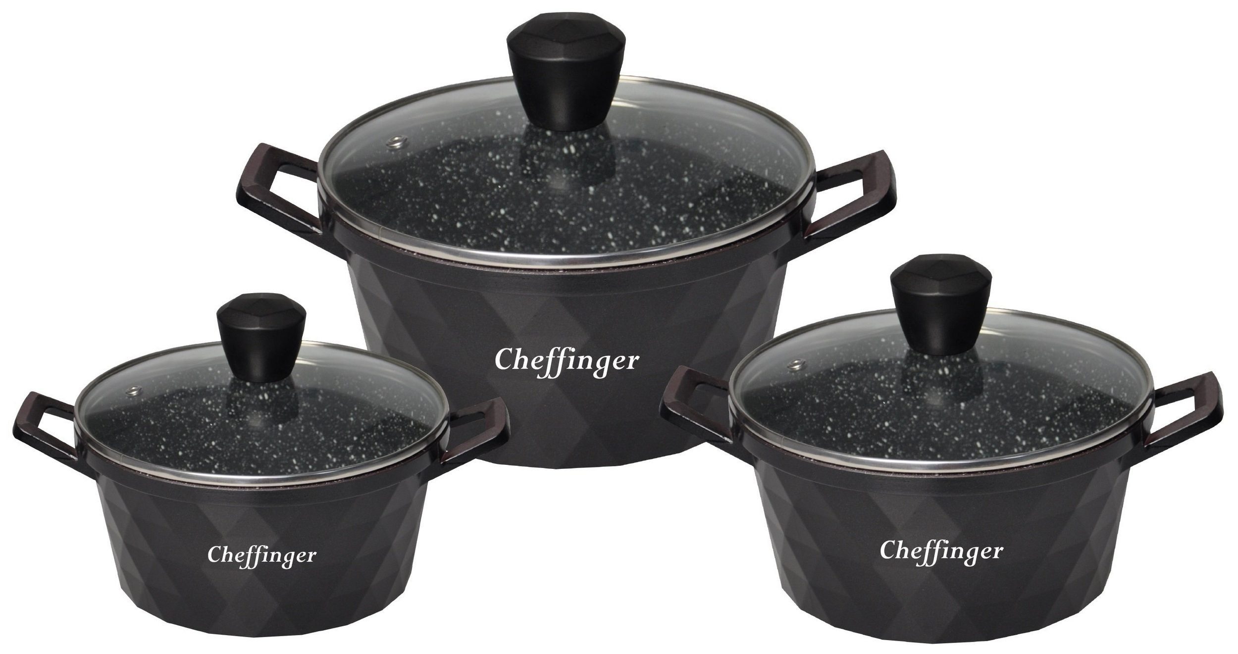 Cheffinger Topf-Set Kochtopf Kasserolle Topf Set 6-tlg schwarz Glasdeckel  Cheffinger, Material: Aluminium, Glas