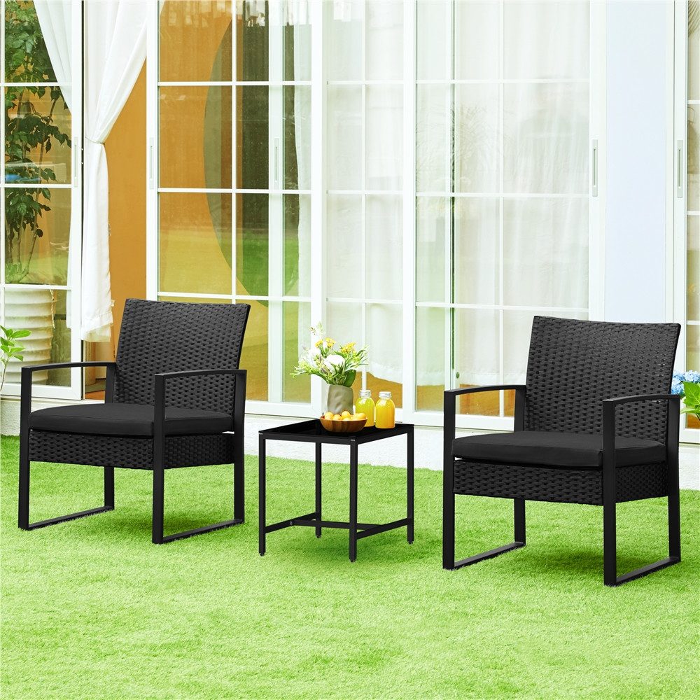 Yaheetech Balkonset 3-teilig Terrassenmöbel-Set in Rattan-Optik, Sitzgruppe mit 2 Stühle & 1 Quadratischem Beistelltisch mit Glasplatte – Bild 3 von 5