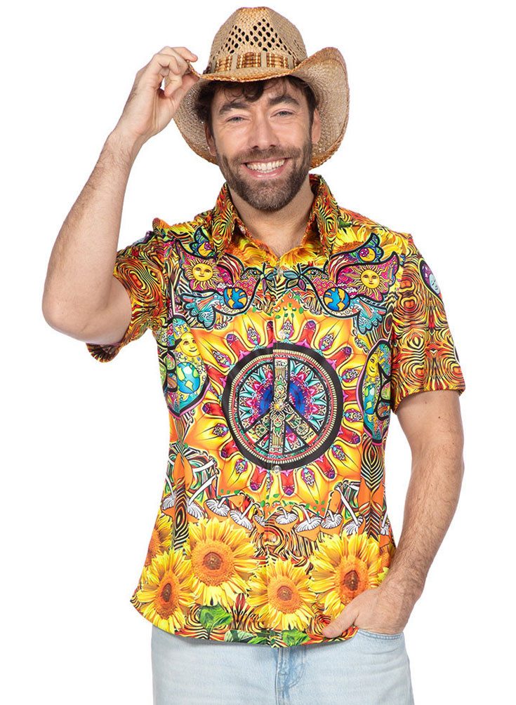 Karneval-Klamotten Hippie-Kostüm Herren 60er Party Hemd Flower Power Sonnenblume, Hippie-Hemd Herrenkostüm buntes Blumen Hemd Sonnenblumen Aufdruck