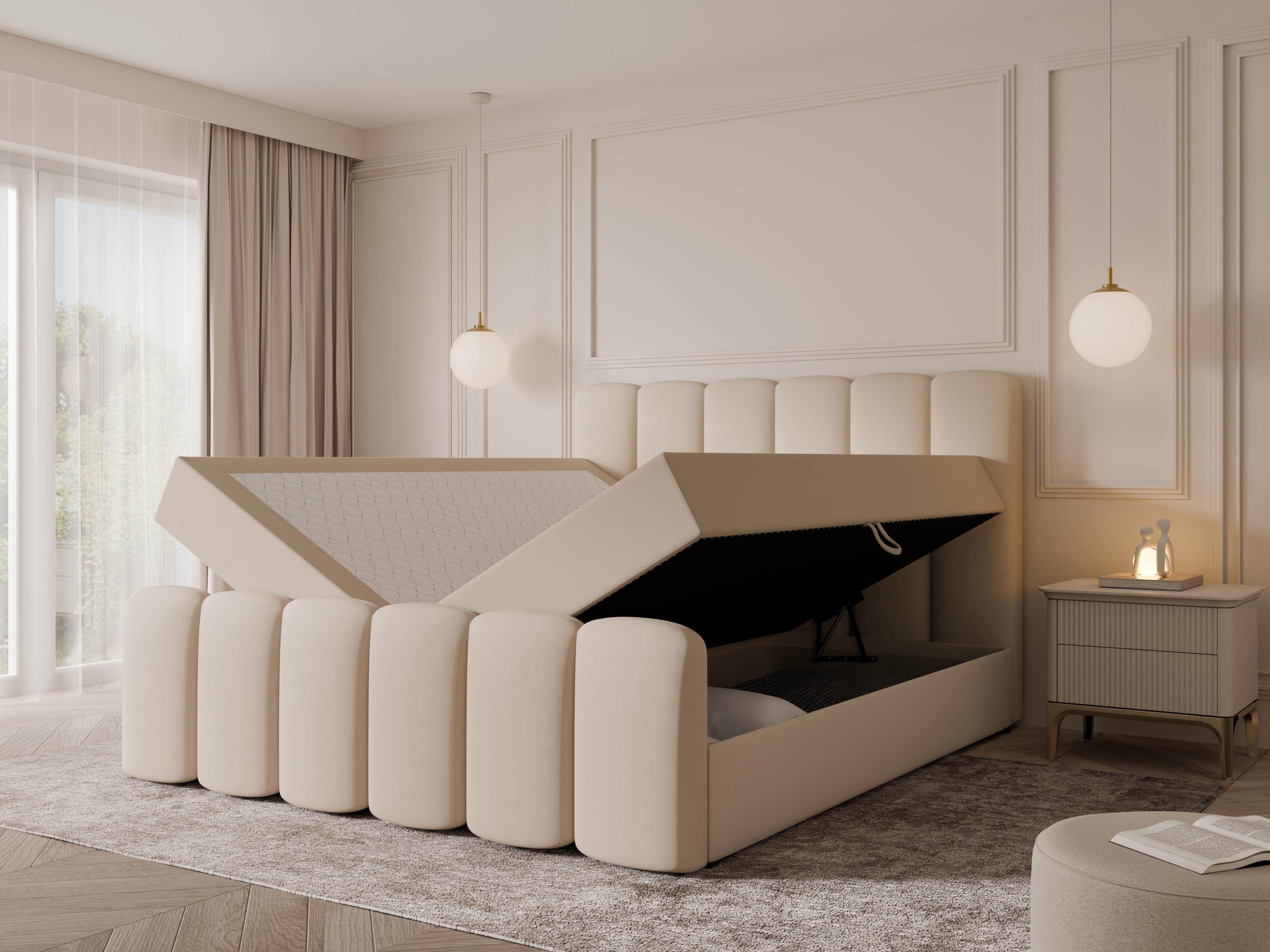 Compleo Boxbett Wolkenbett, Bequem H3 CAOBA, Doppelbett gepolstertes Kopfteil mit Bettkasten