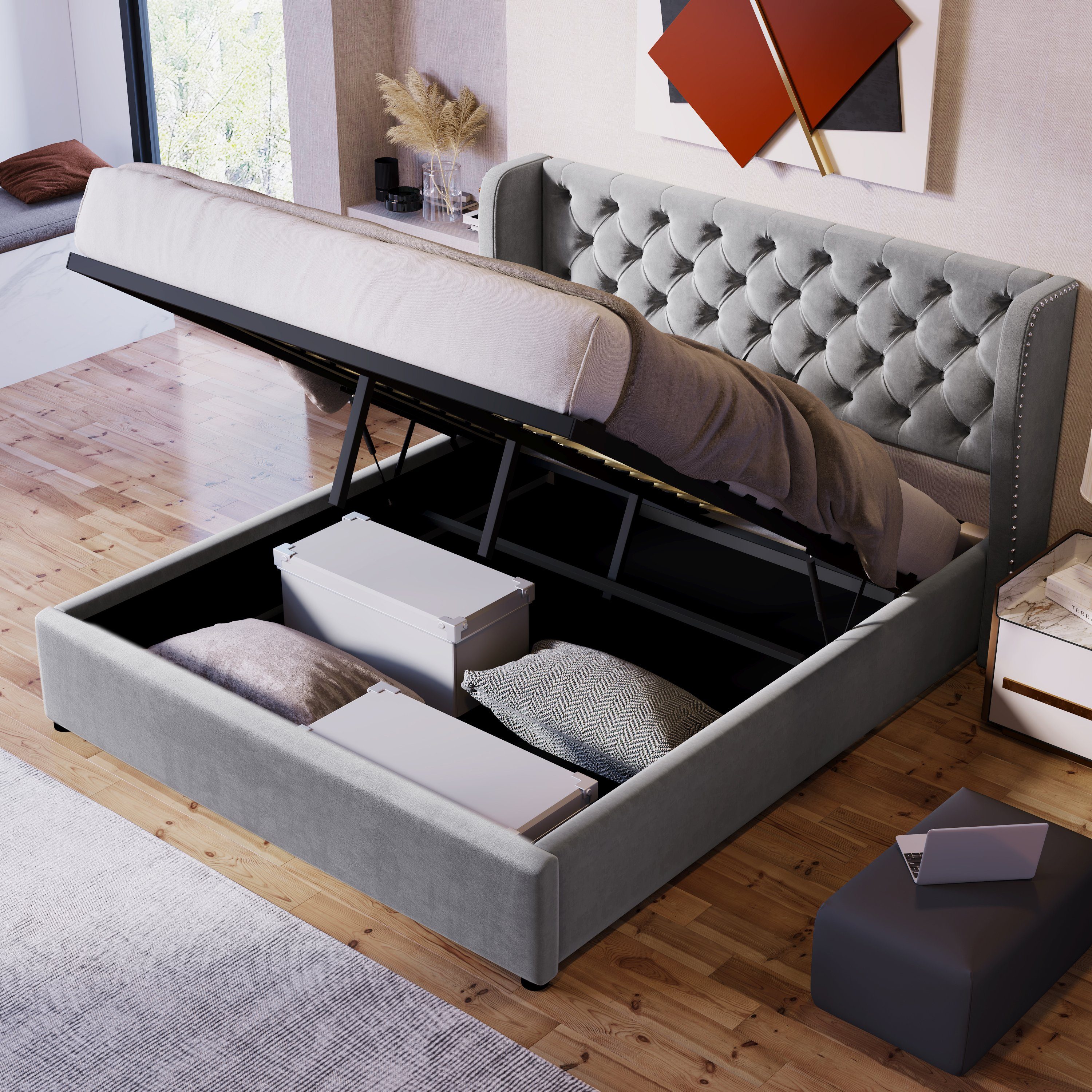 Boxspringbett (Doppelbett Funktionsbett mit Bettkasten und Lattenrost), Polsterbett 140x200 cm Hydraulisches Bett, Samt, Gepolstertes Kopfteil