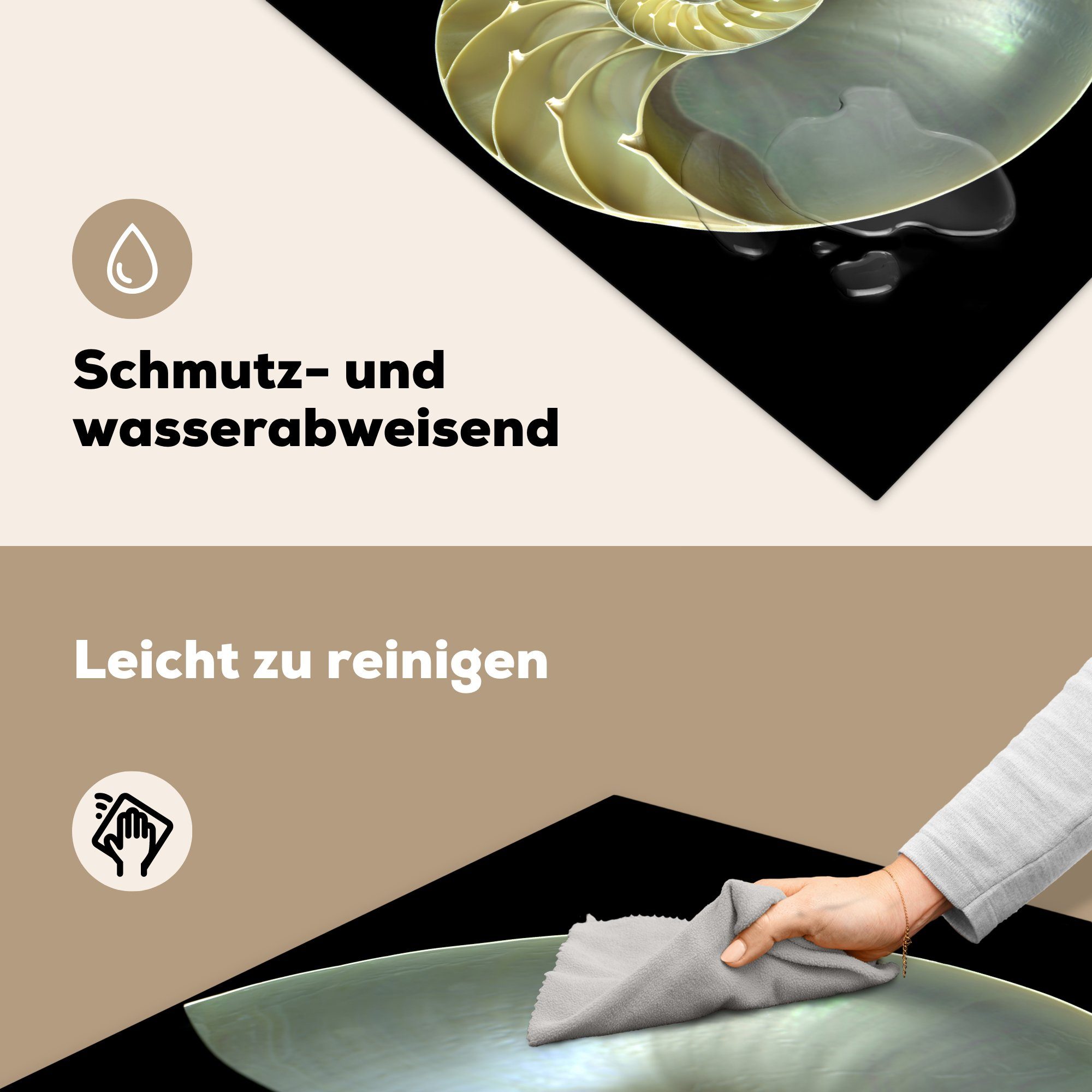 Vinyl, für Herdblende-/Abdeckplatte Arbeitsplatte 78x78 Schwarz - (1 Muschel küche - cm, Ceranfeldabdeckung, Perlmutt, MuchoWow tlg),