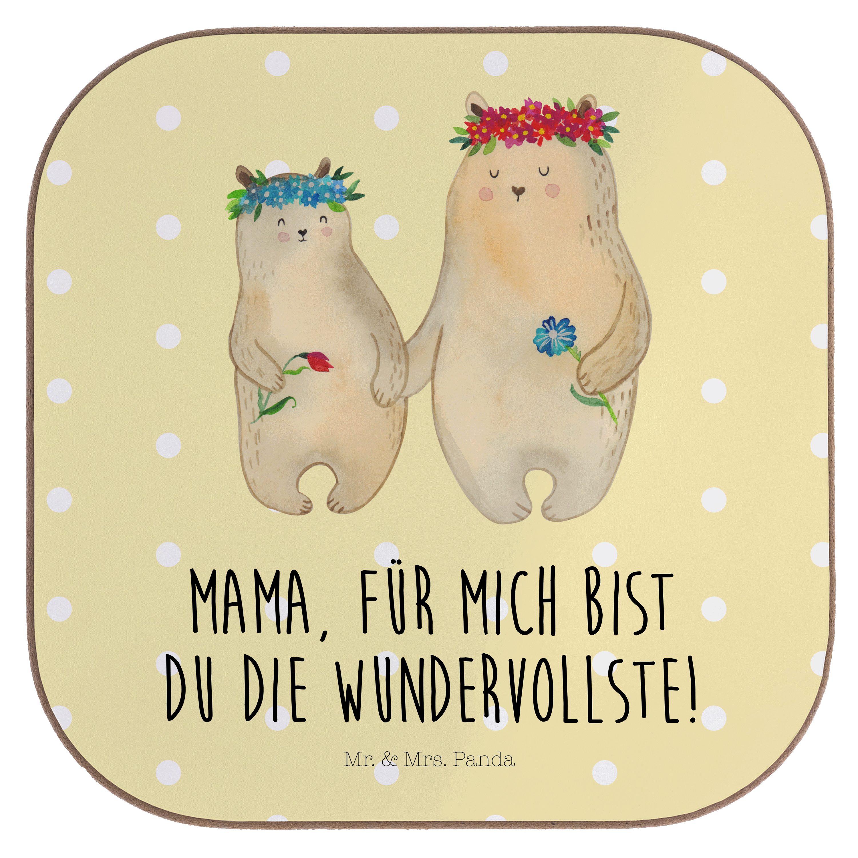 Mr. & Mrs. Panda Getränkeuntersetzer Bären mit Blumenkranz - Gelb Pastell - Geschenk, Glasuntersetzer, bes, 1-tlg.