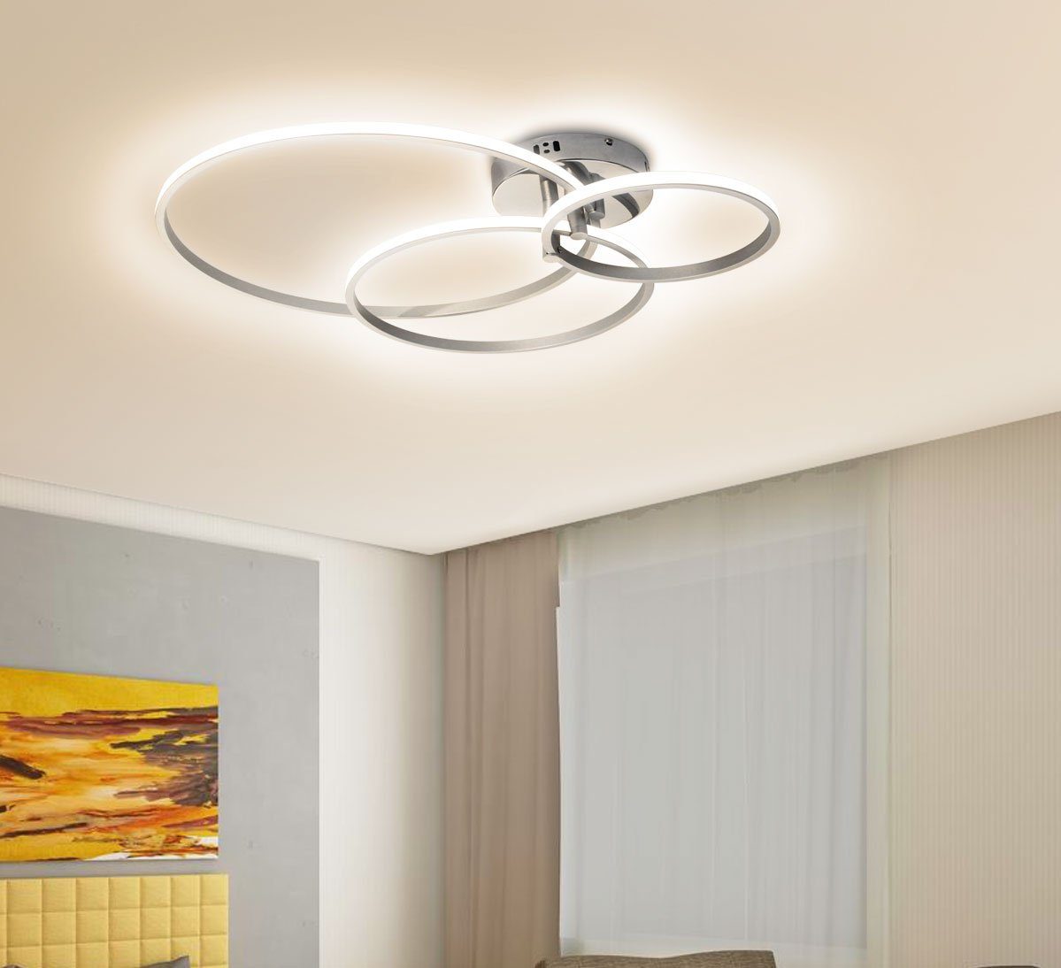 Lewima LED Deckenleuchte modern Design / 52W ideal dimmbar, ALU einstellbar, und 60x55cm Silber Memory Fernbedienung Deckenlampe mit 3x Schlafzimmer Ringe, XL Funktion, für große Wohnzimmer Warmweiß Satiniert Kaltweiß