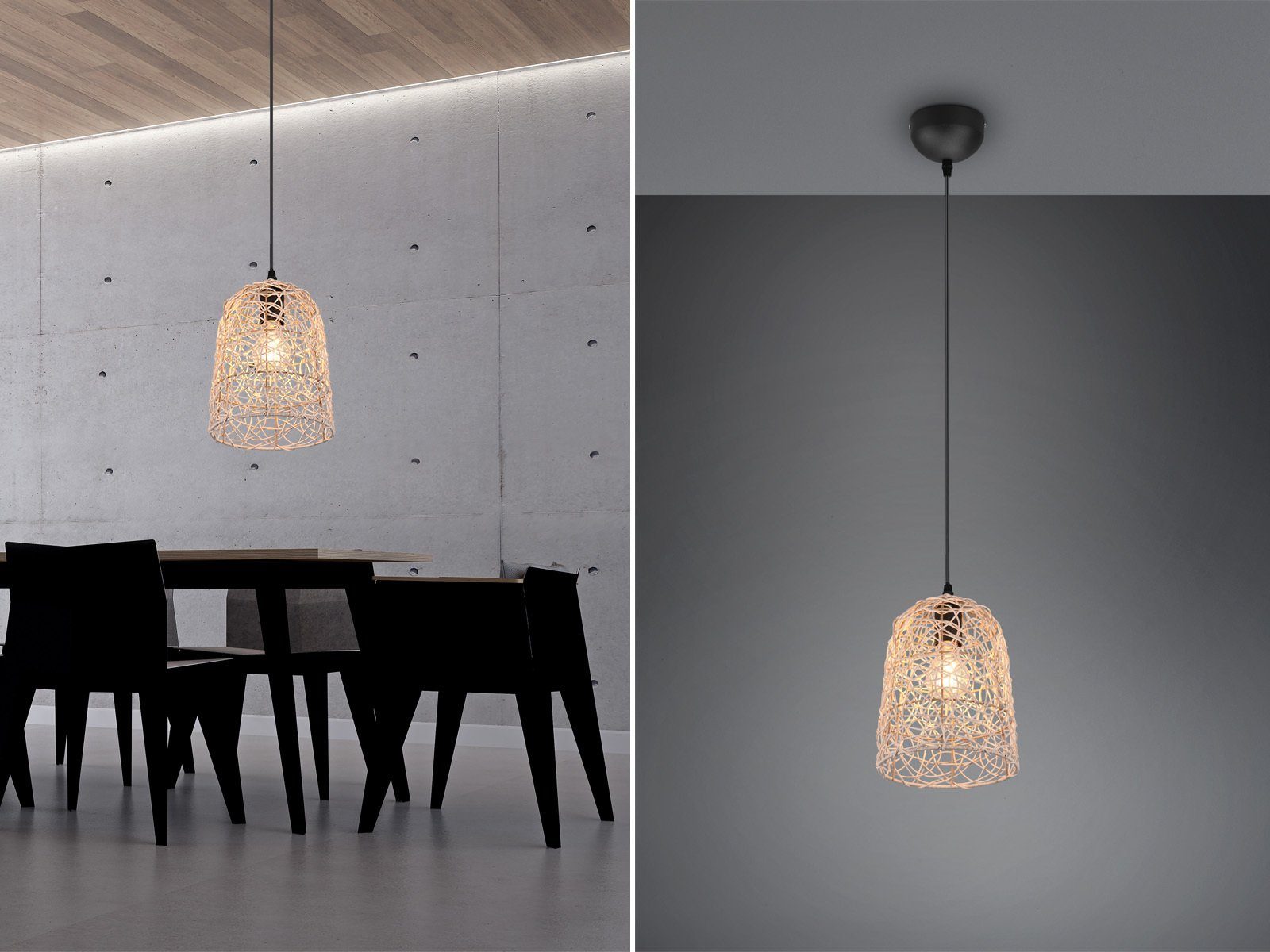 meineWunschleuchte LED Pendelleuchte, Dimmfunktion, LED wechselbar,  warmweiß, klein-e Boho Lampen-schirm Rattan hängend über-n Esstisch, Ø19cm