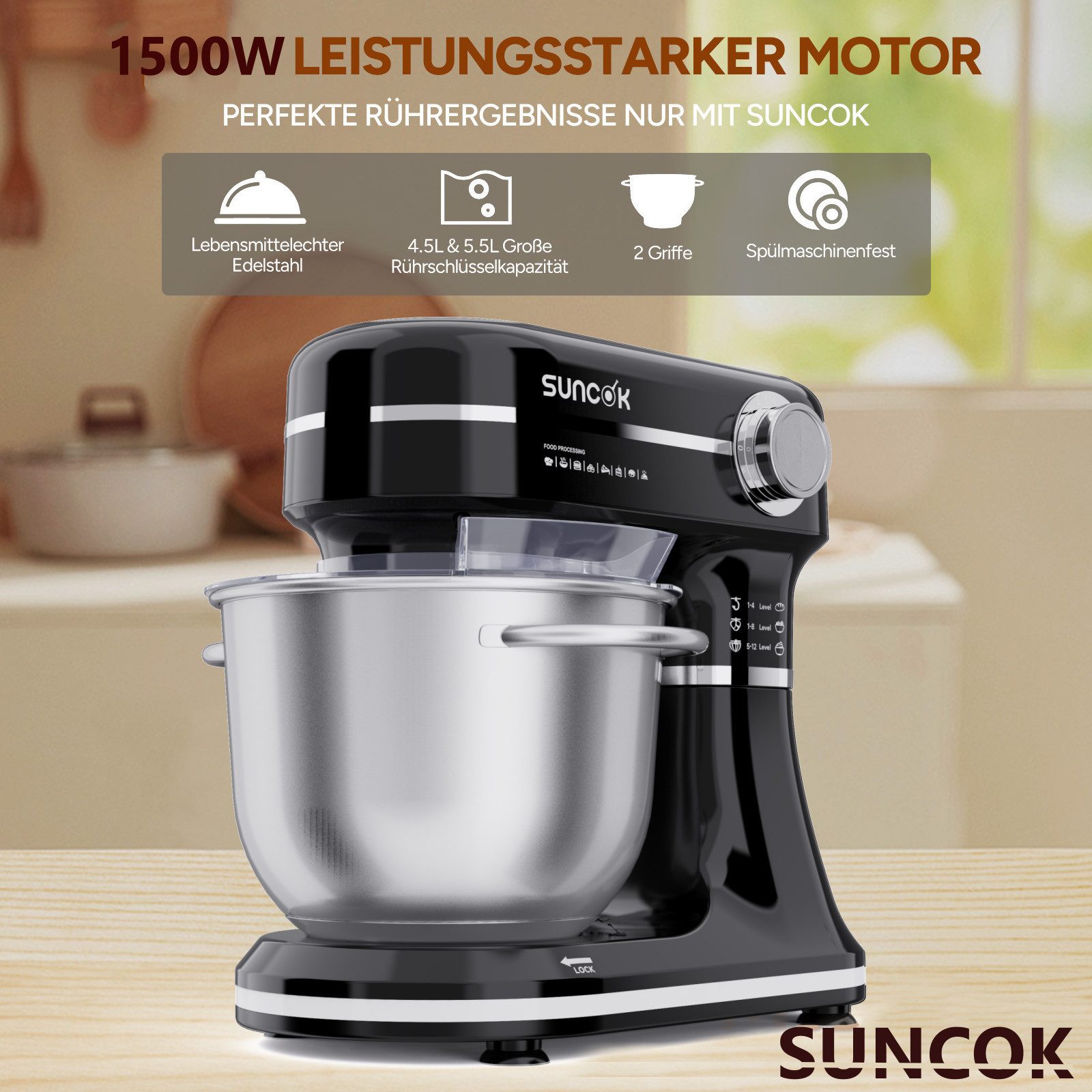 SUNCOK Küchenmaschine Multifunktionale Knetmaschine, 12-Geschwindigkeit, 59 Dezibel. geeignet zum Backen und Kneten von Teig, 1500 W, Elektrische Küchenmaschine,mit 2 Edelstahl-Rührschüsseln 4,5 und 5,5l