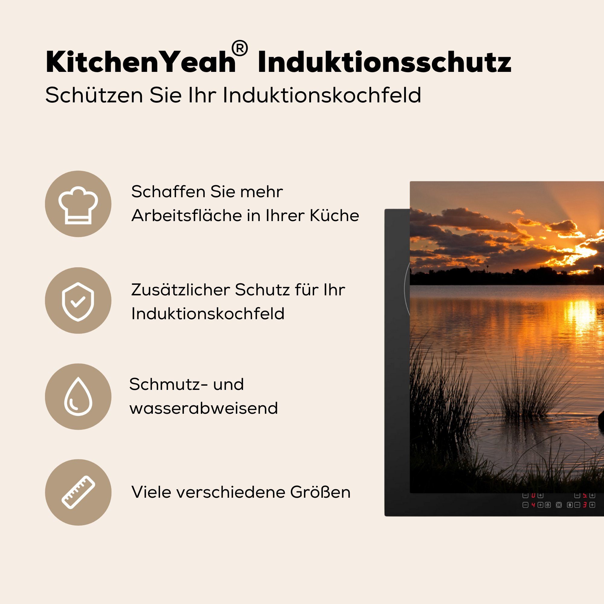 MuchoWow Herdblende-/Abdeckplatte Schwan - Wasser küche Ceranfeldabdeckung, - (1 Sonnenuntergang, Arbeitsplatte cm, tlg), Vinyl, 78x78 für