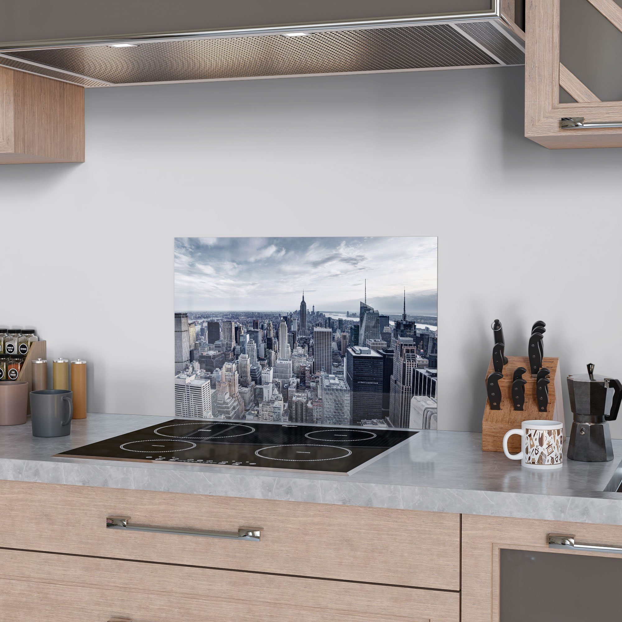 New Spritzschutz DEQORI York', Skyline 'Blaue Herdblende Küchenrückwand Glas Badrückwand